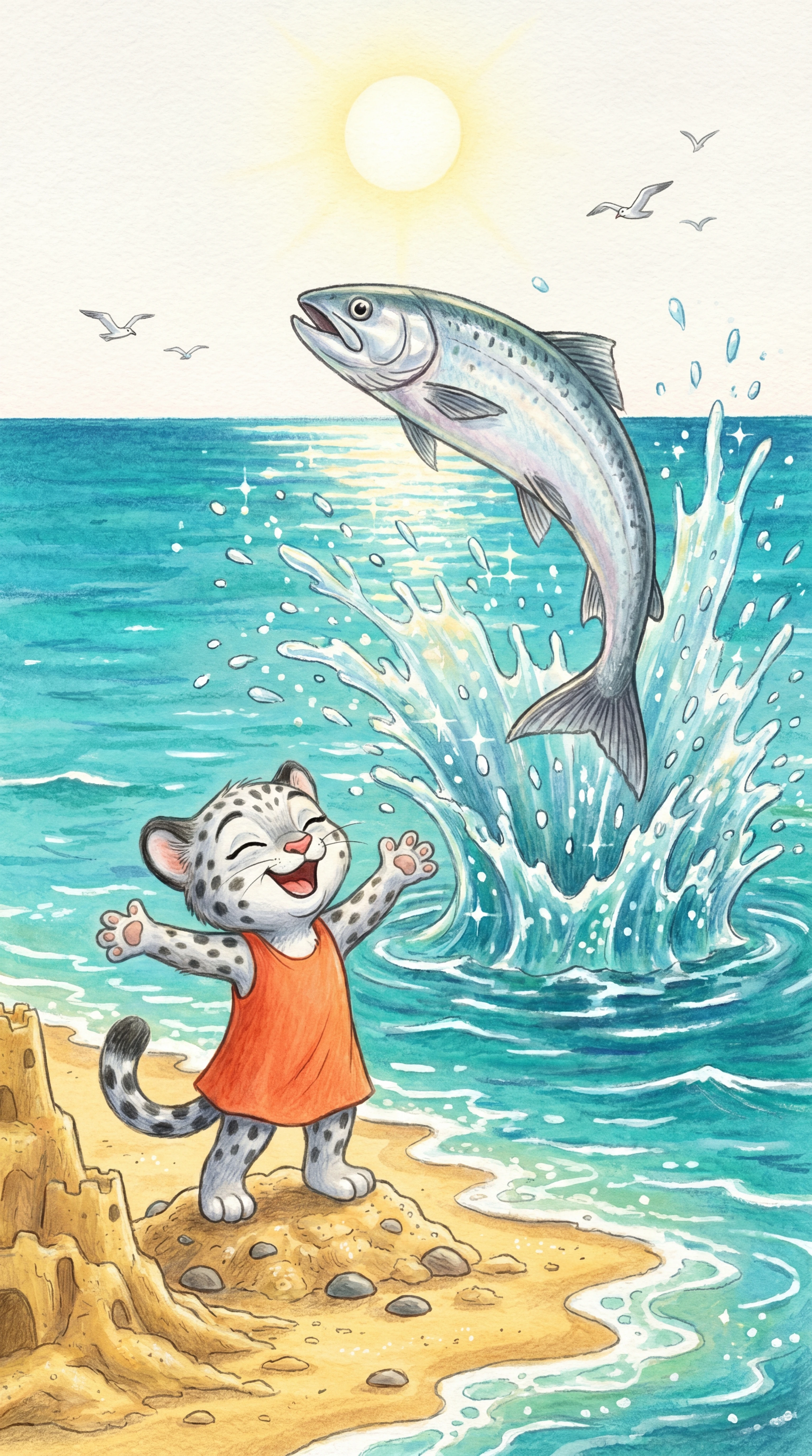 Liska with paws spread wide as a huge fish leaps out of the water