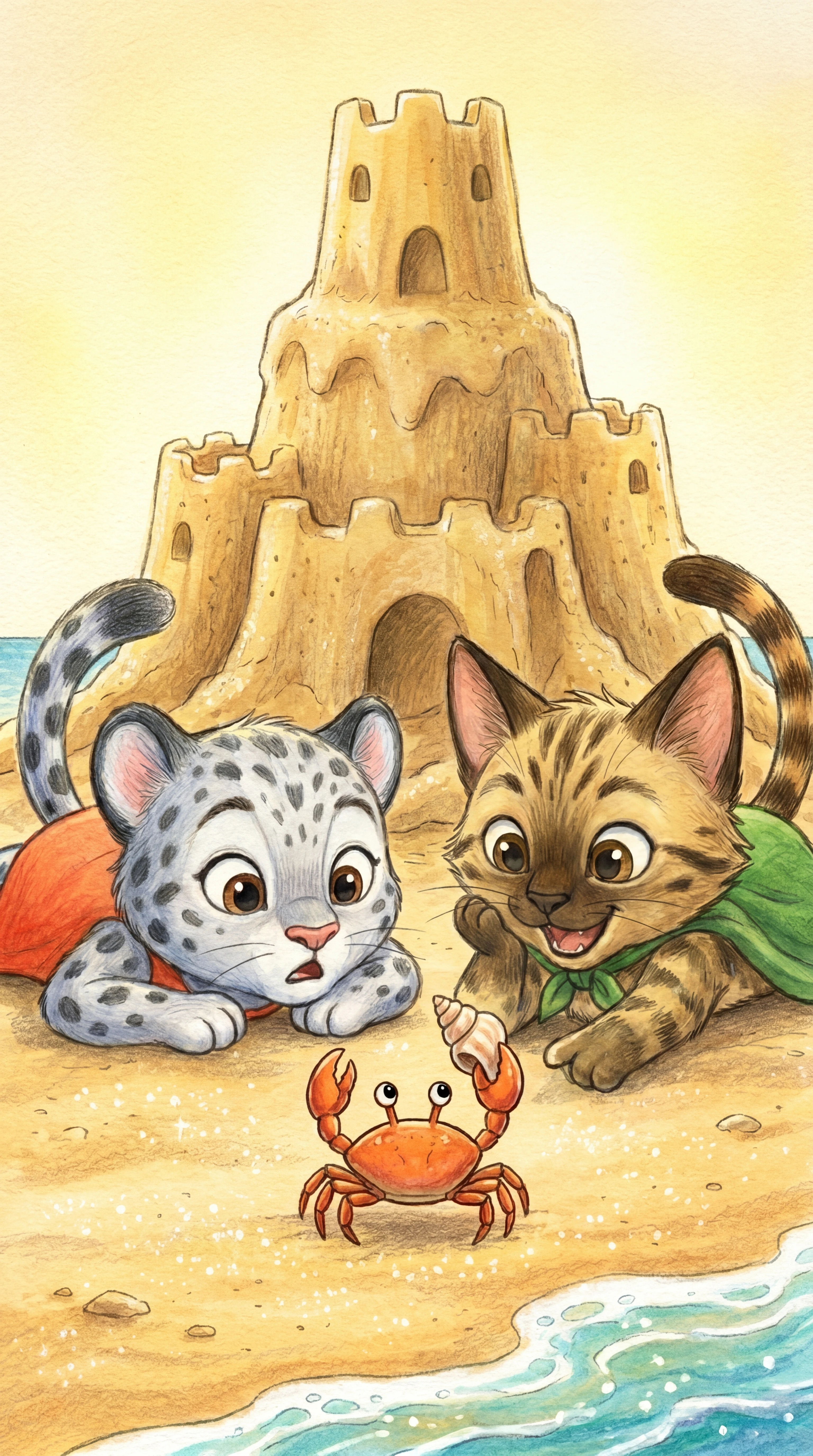 Liska and Anji watching a curious crab decorate with a shell