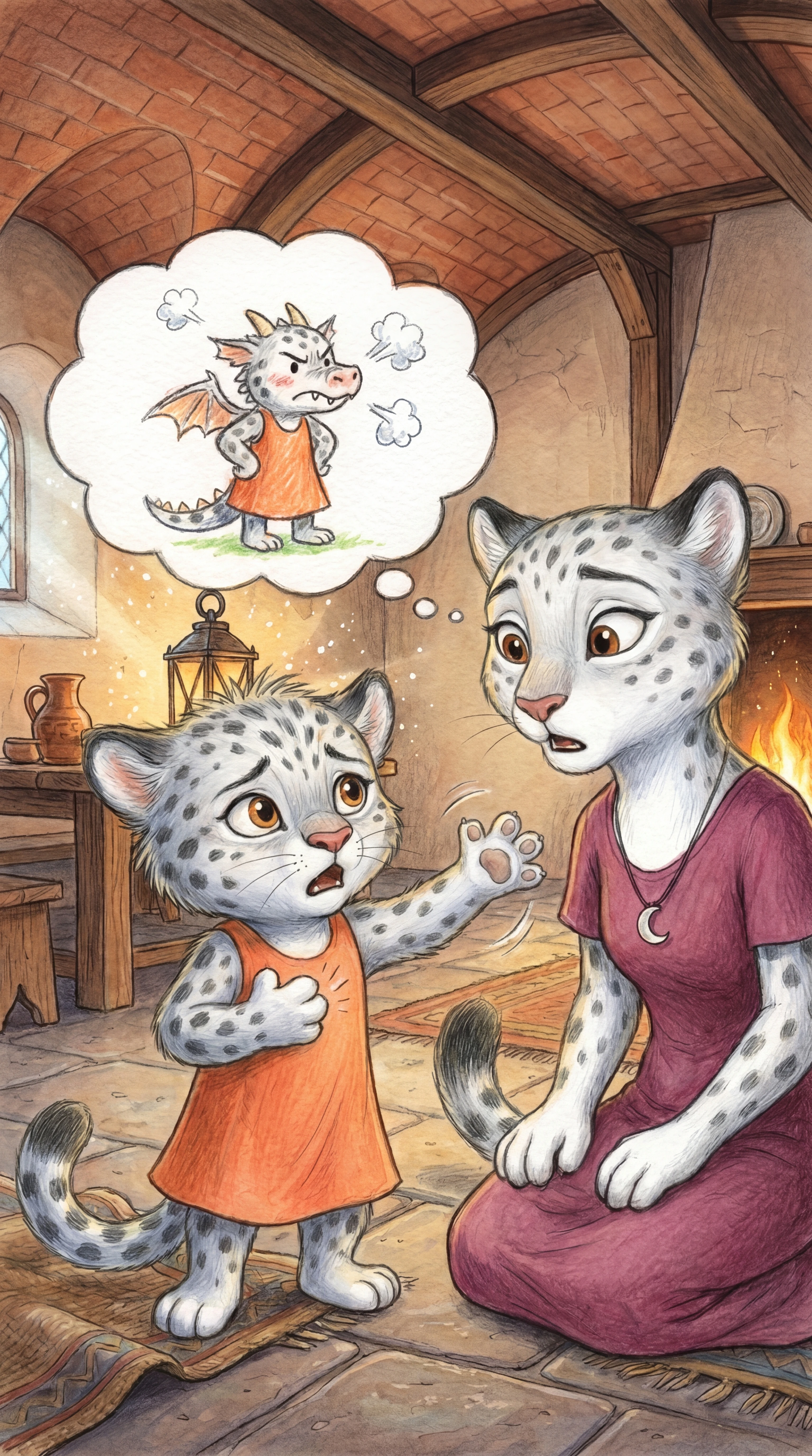 Liska pointing at her chest where a dragon huffs in a thought bubble