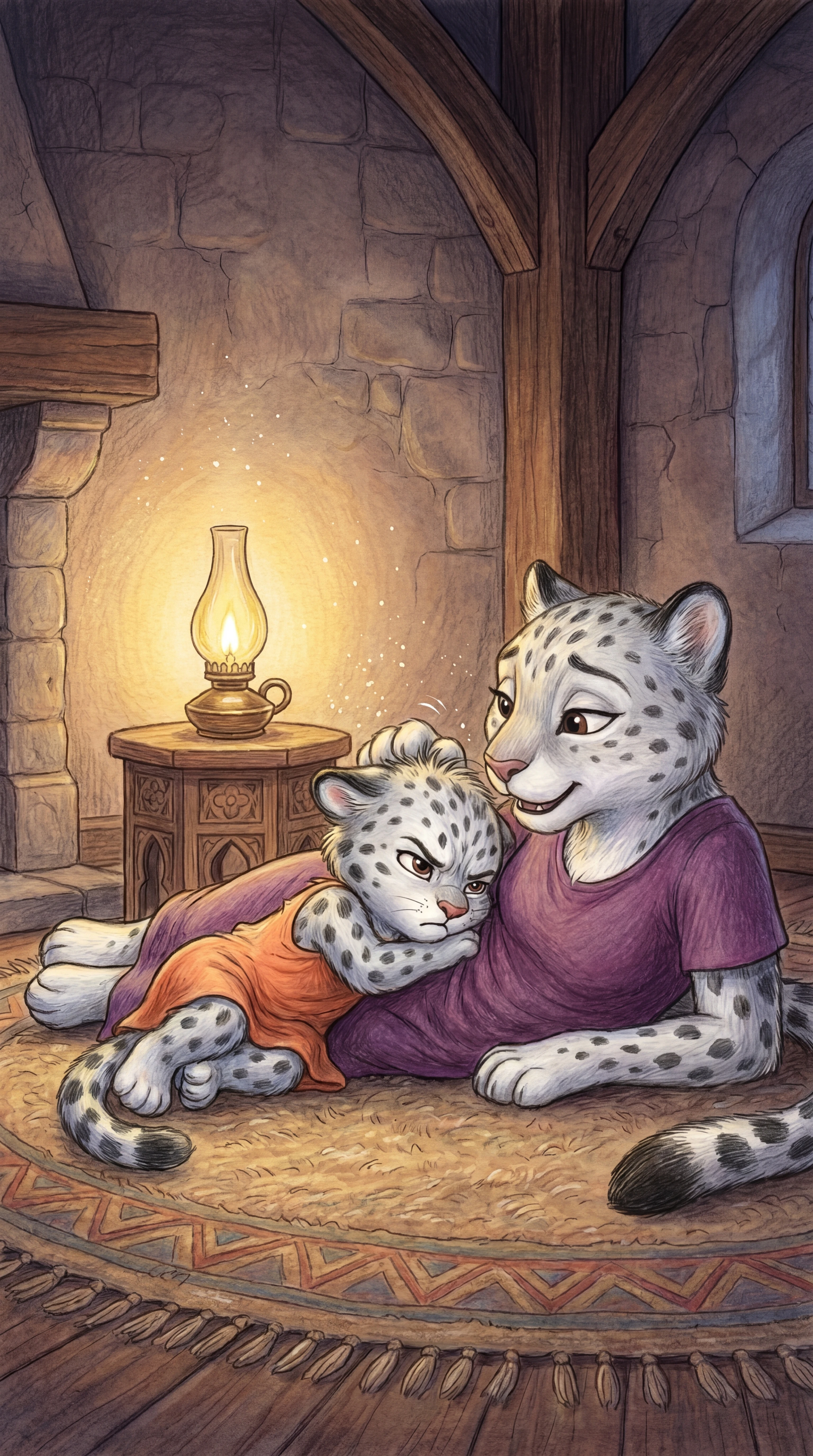 Liska nuzzling against Mama on a soft rug