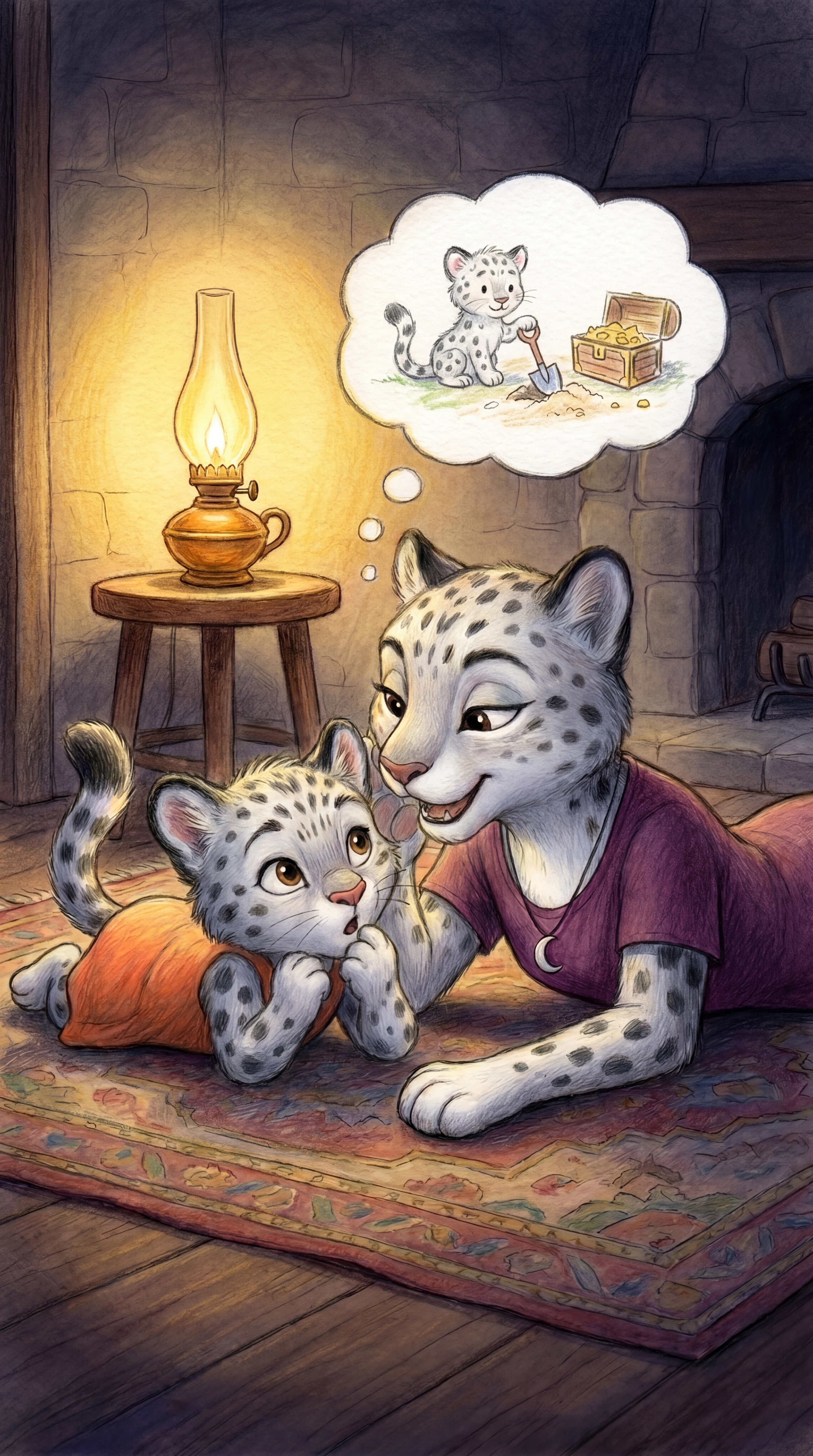 Liska wide-eyed as a treasure chest appears in a thought bubble