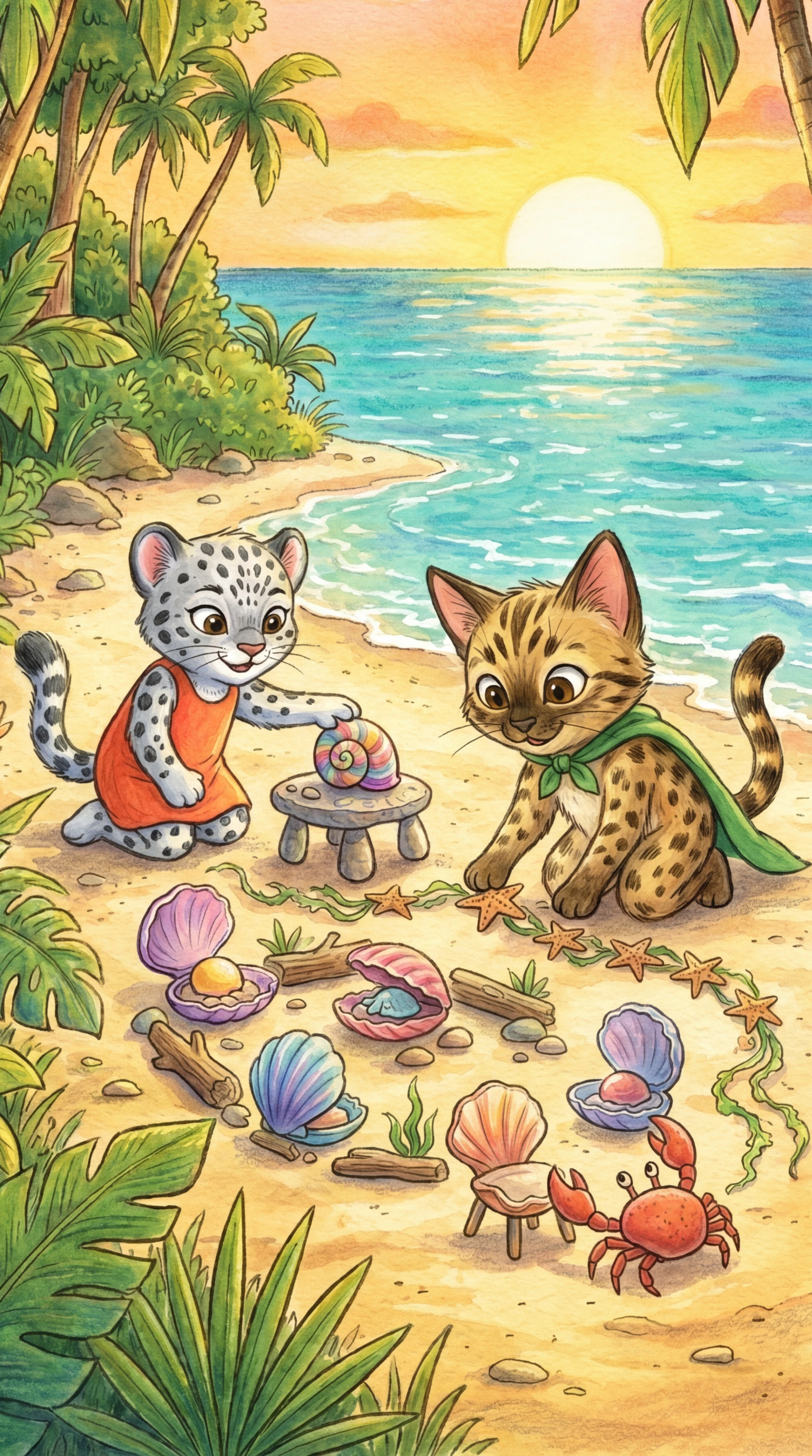 Liska and Anji arranging shells on the beach for a shrimp dance floor