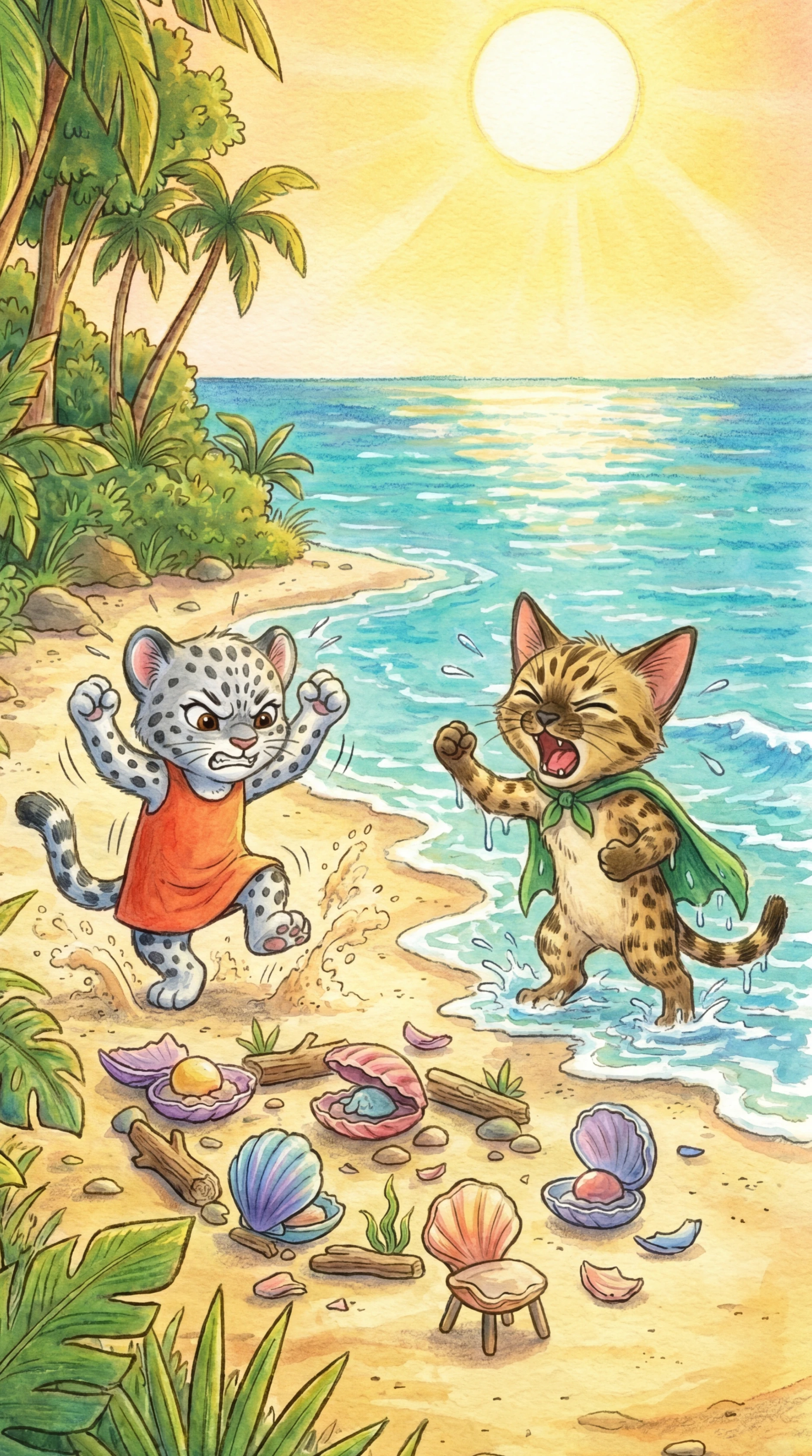 Liska stomping furiously while Anji shakes his fist at the wave