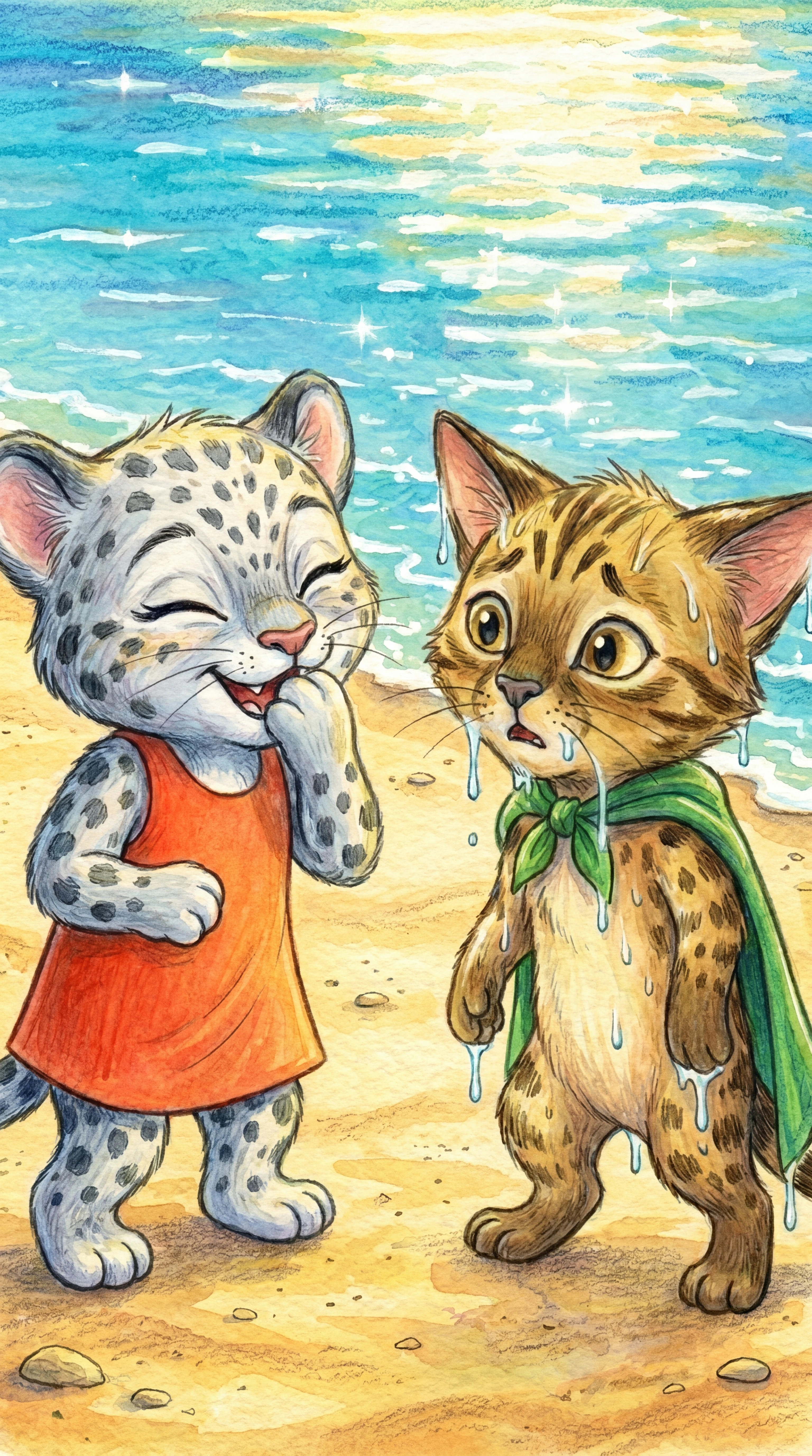 Anji standing soggy and dripping while Liska giggles