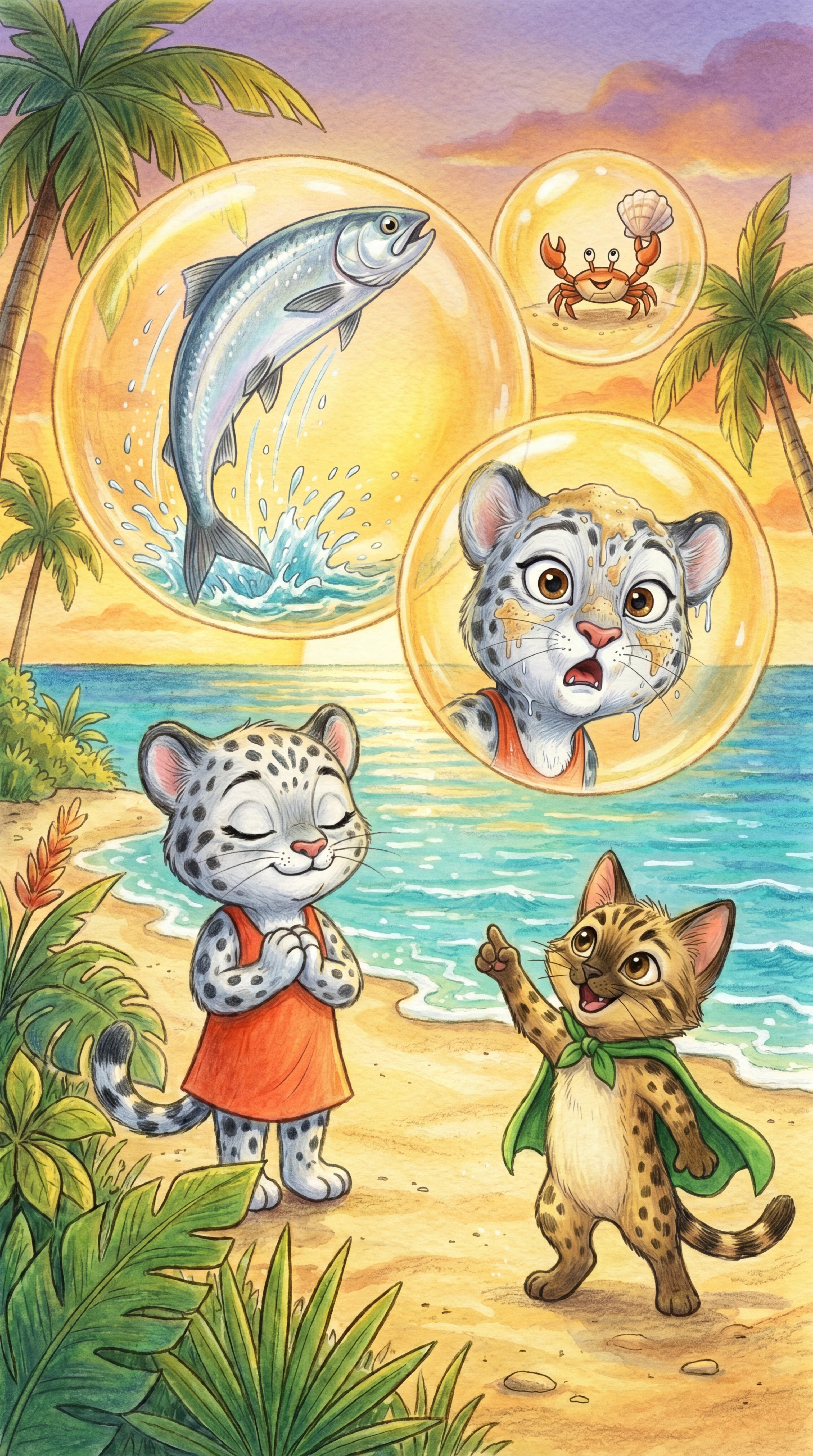 Thought bubbles of the fish and crab floating over Liska and Anji
