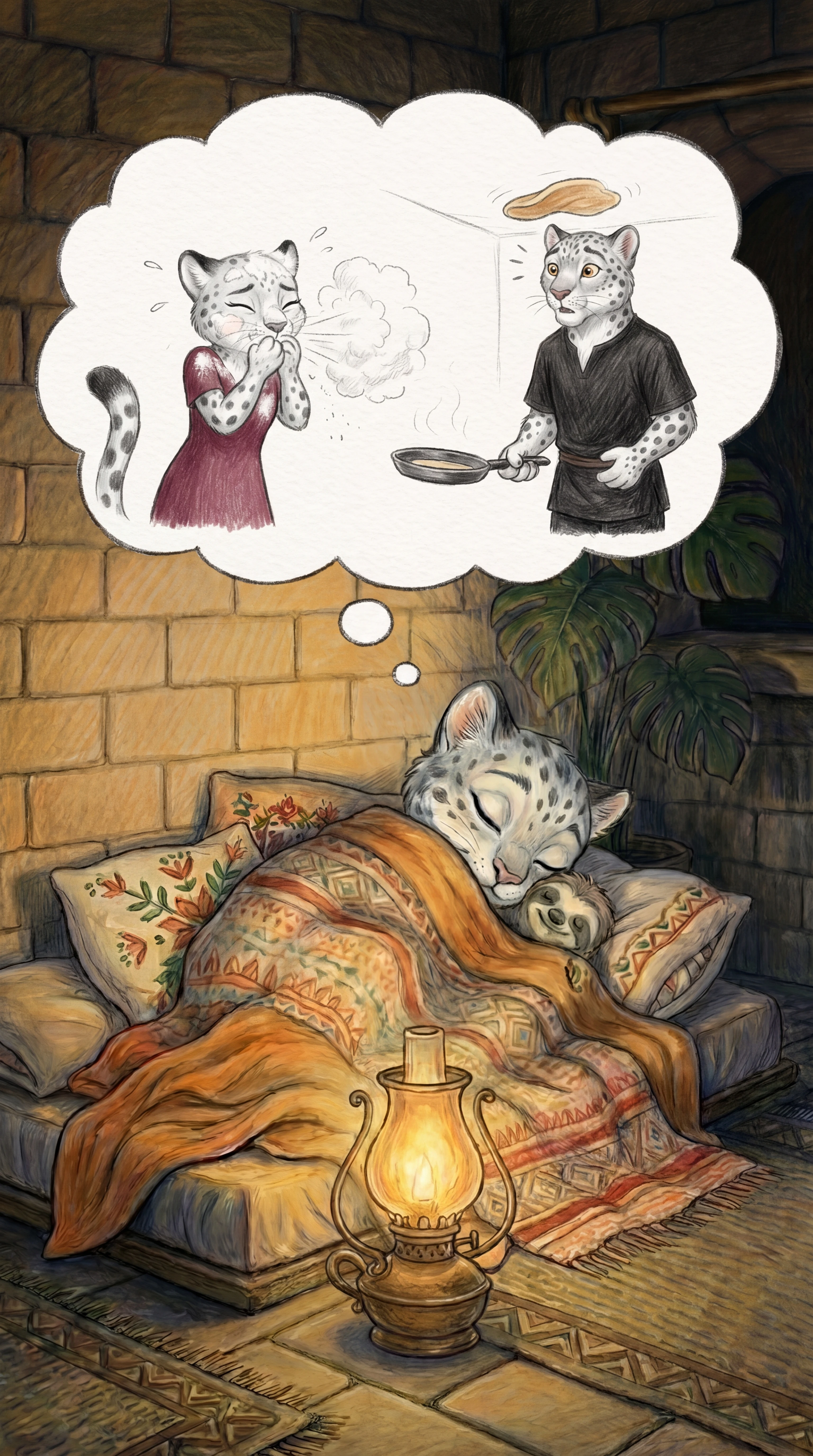 Sleeping Liska with a dream bubble of Papa and a flying pancake