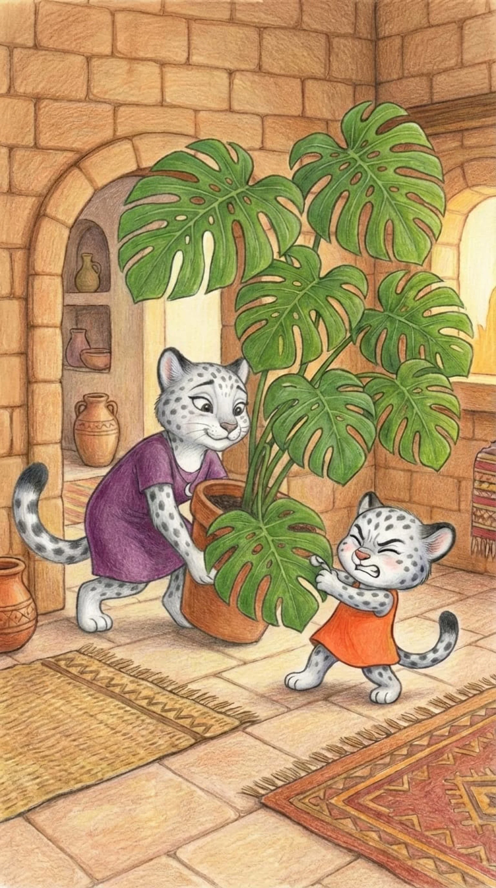 Mama and Liska pushing a huge monstera into the room