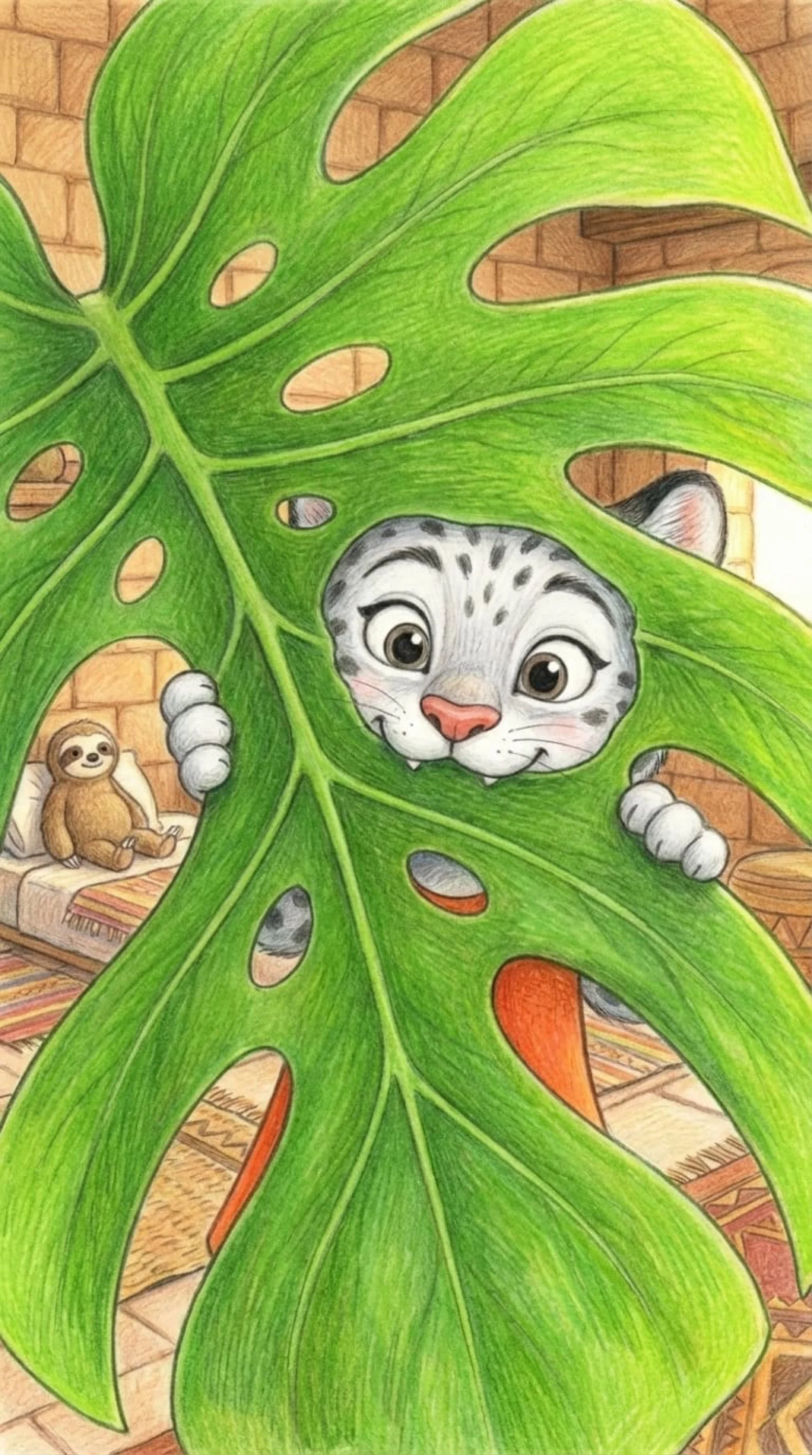 Liska peeking through a hole in a monstera leaf