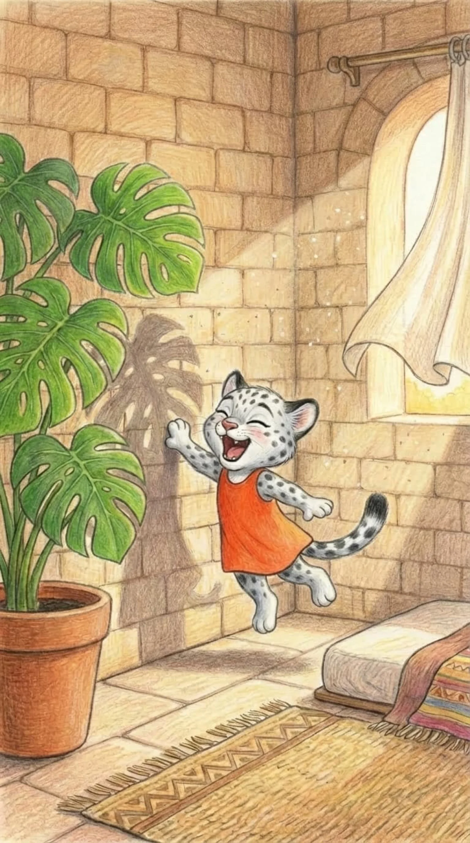 Liska chasing a leaf-shadow on the wall