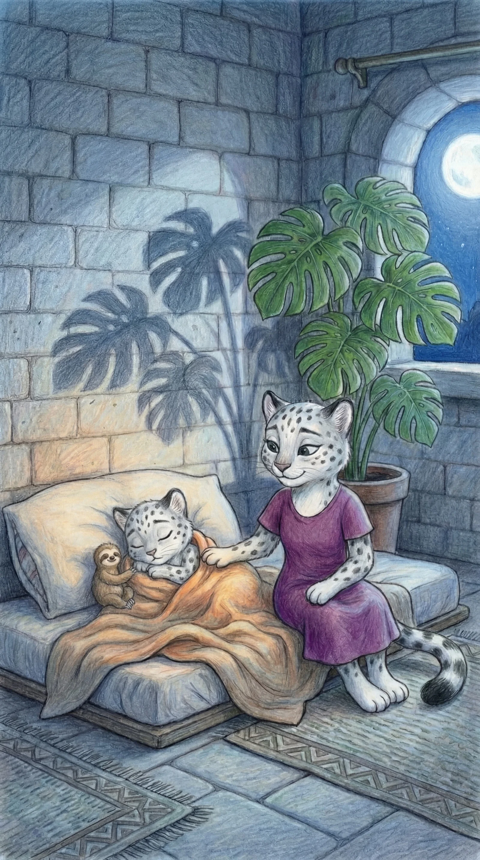 Mama tucking Liska into bed, moonlight and monstera shadows