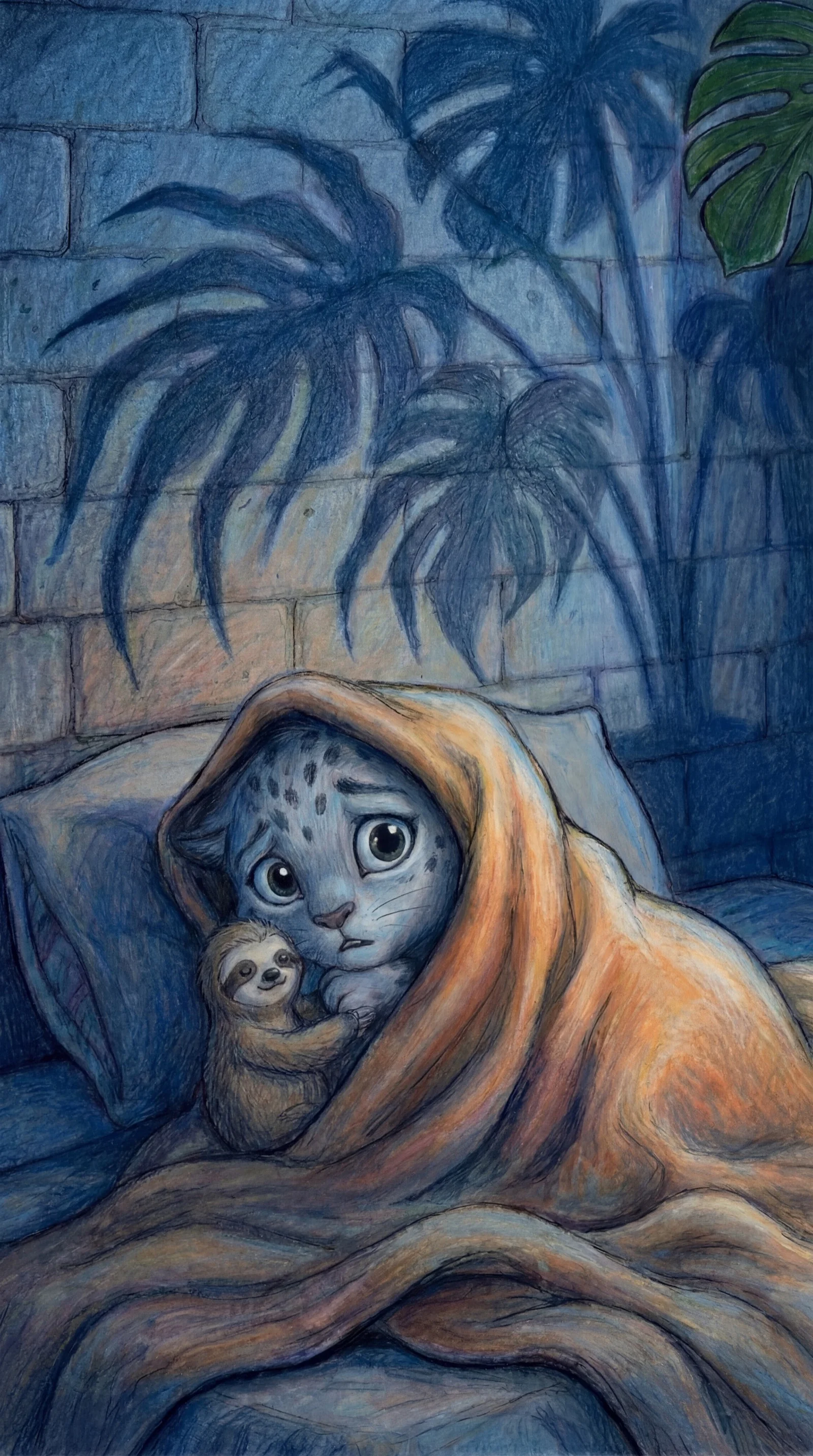 Liska hiding under the blanket with Slothy, clawed shadows on the wall