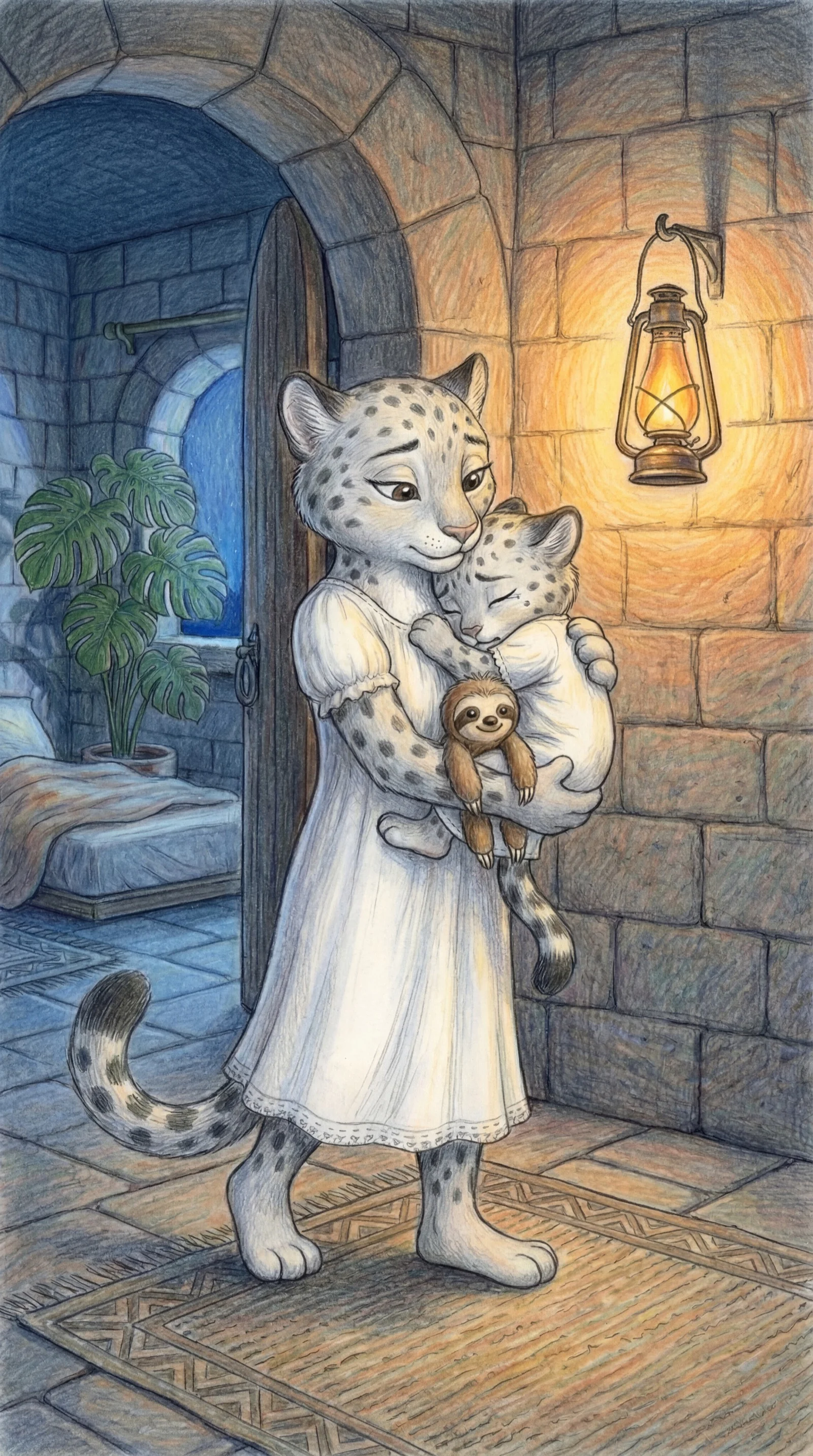 Mama hugging Liska in the hallway