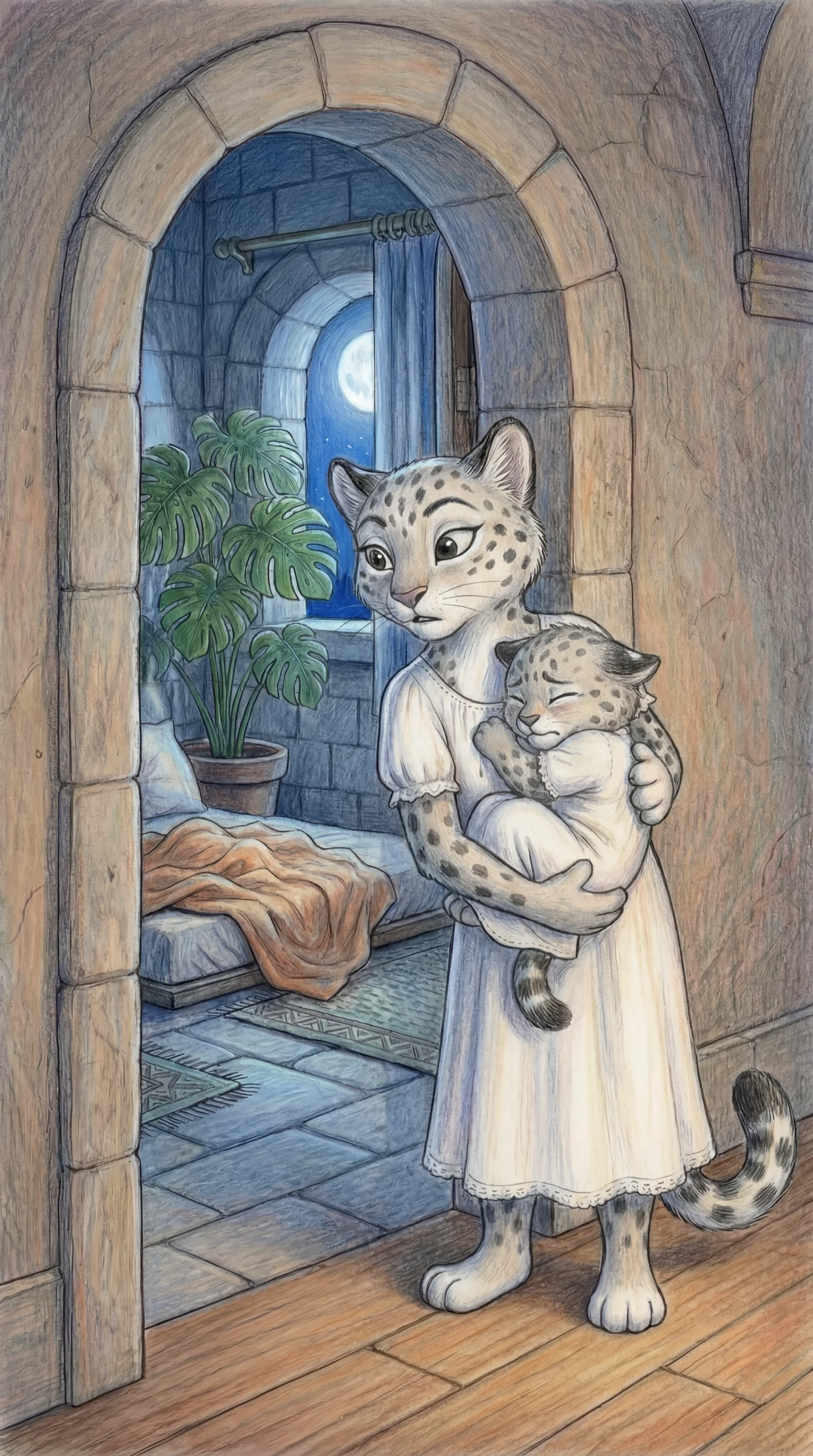 Mama carrying Liska, peeking into the bedroom