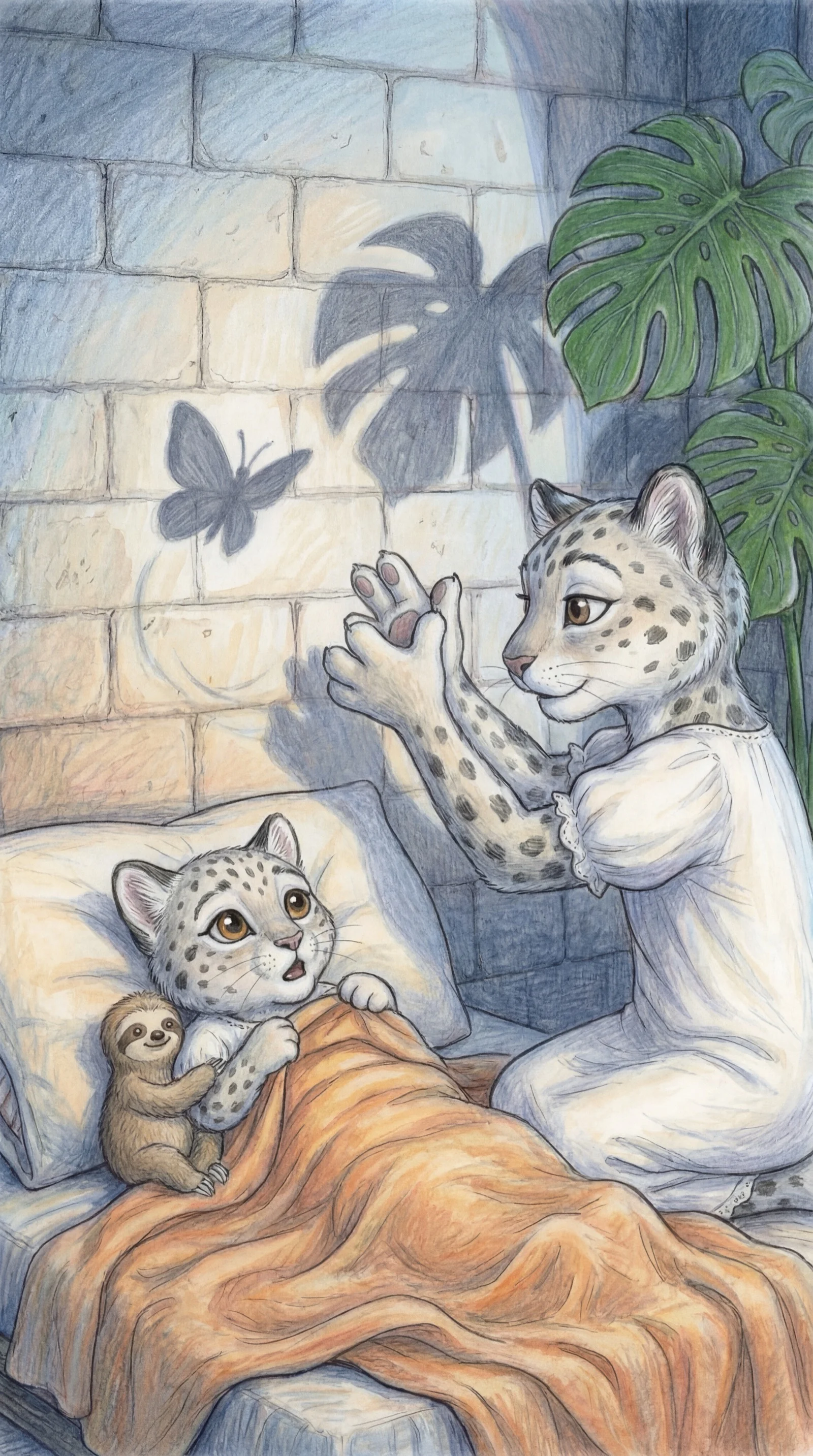 Mama making a butterfly shadow on the wall, Liska watching from bed