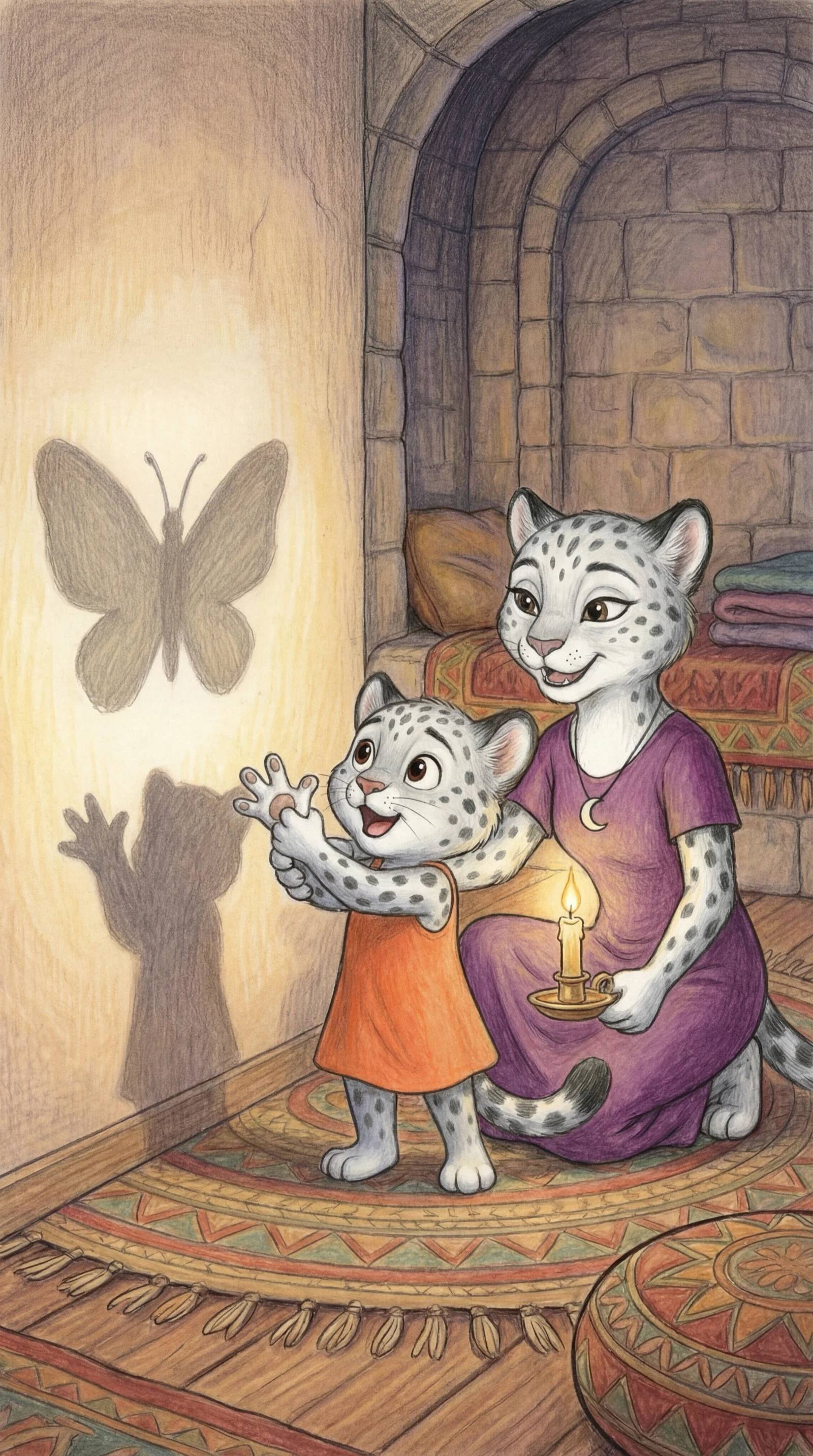 Mama and Liska making a butterfly shadow by candlelight