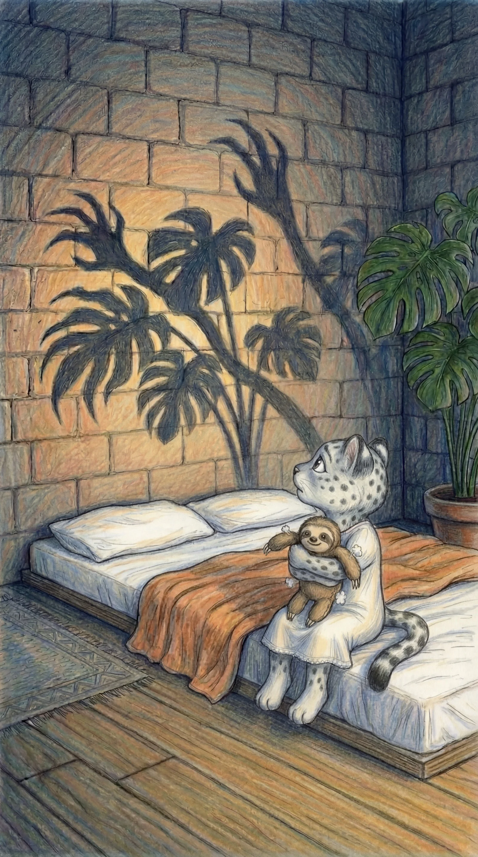 Liska sitting up in bed facing the clawed shadows, hugging Slothy
