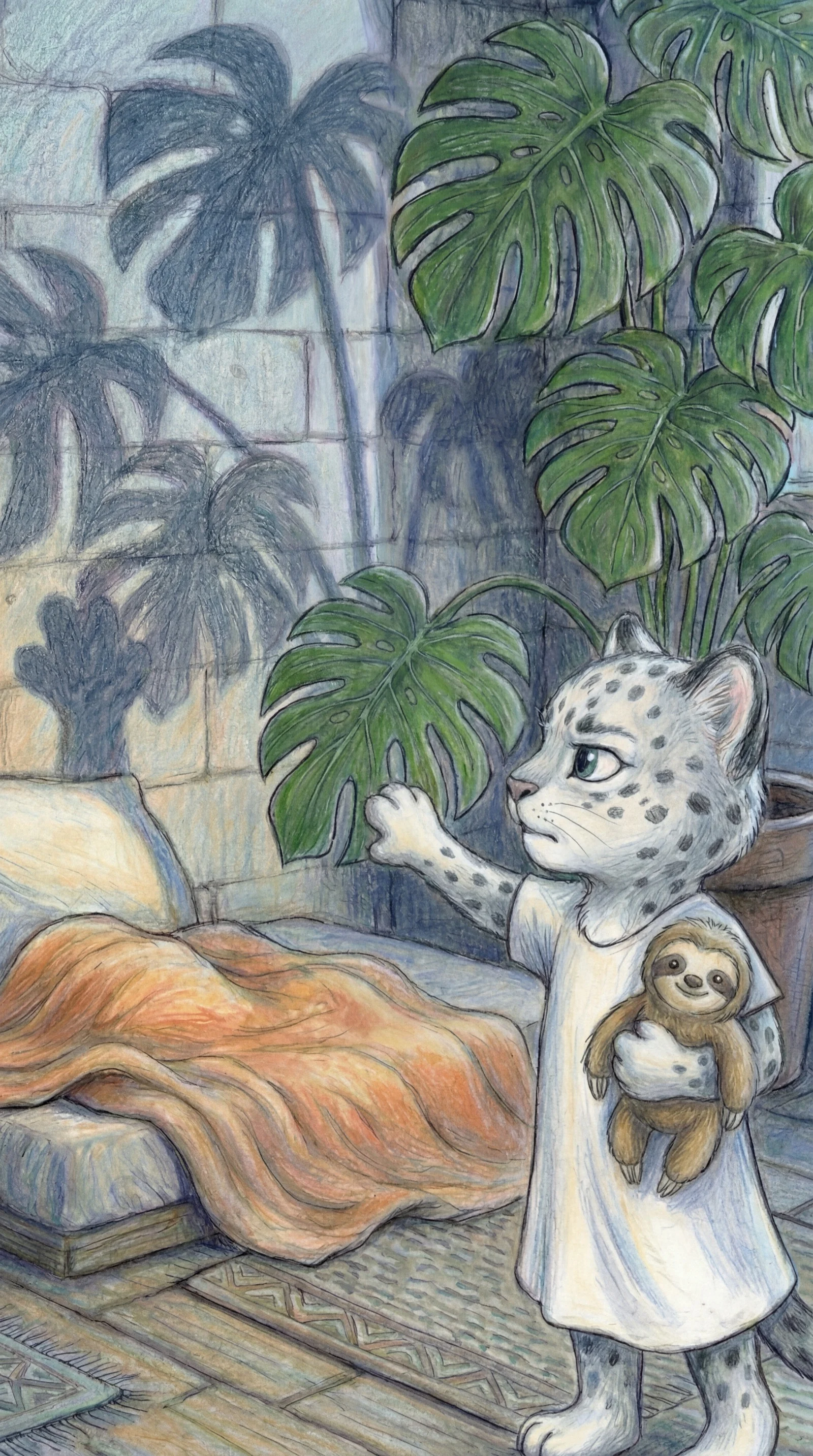 Liska standing in front of the monstera, reaching her paw toward the shadow
