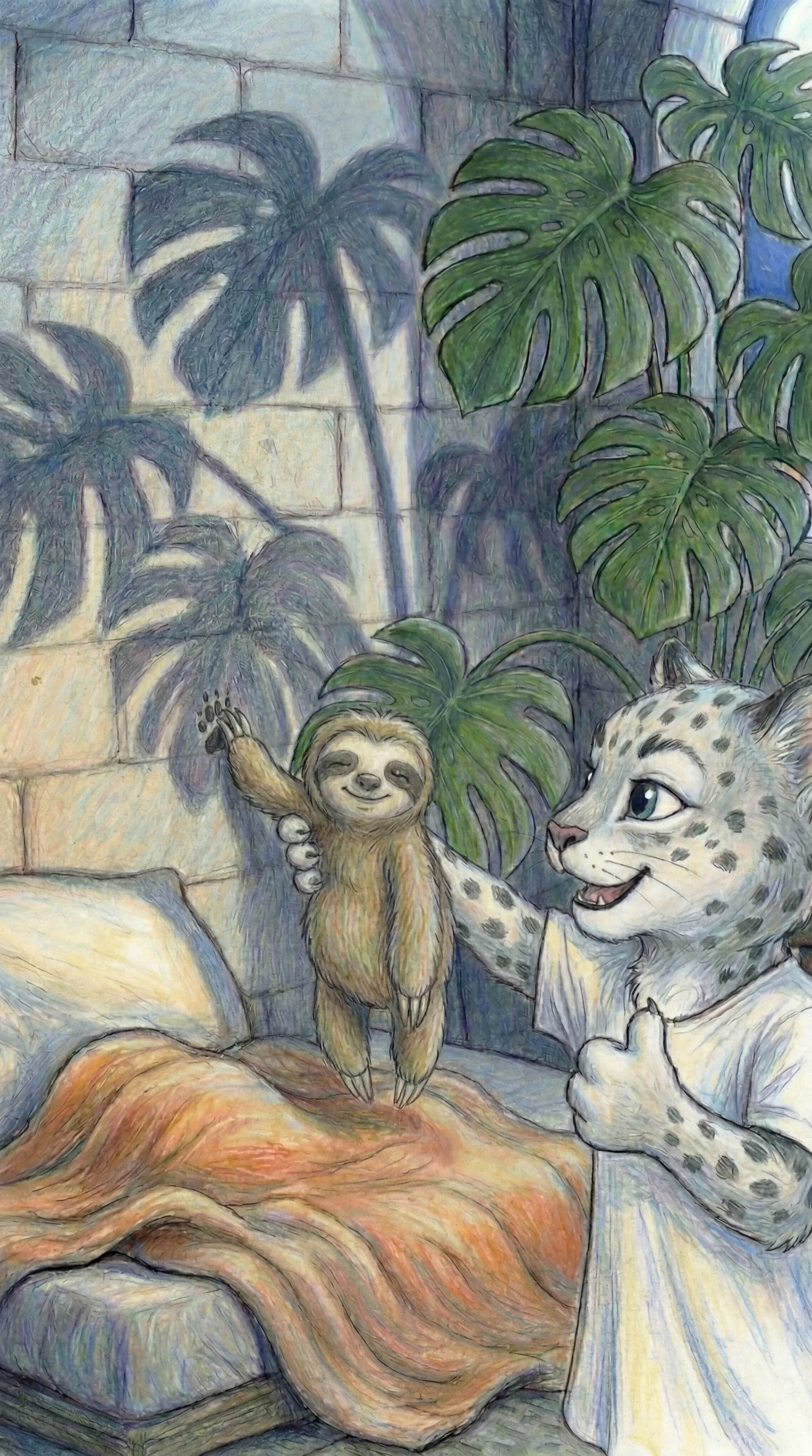 Liska lifting Slothy to high-five the shadow