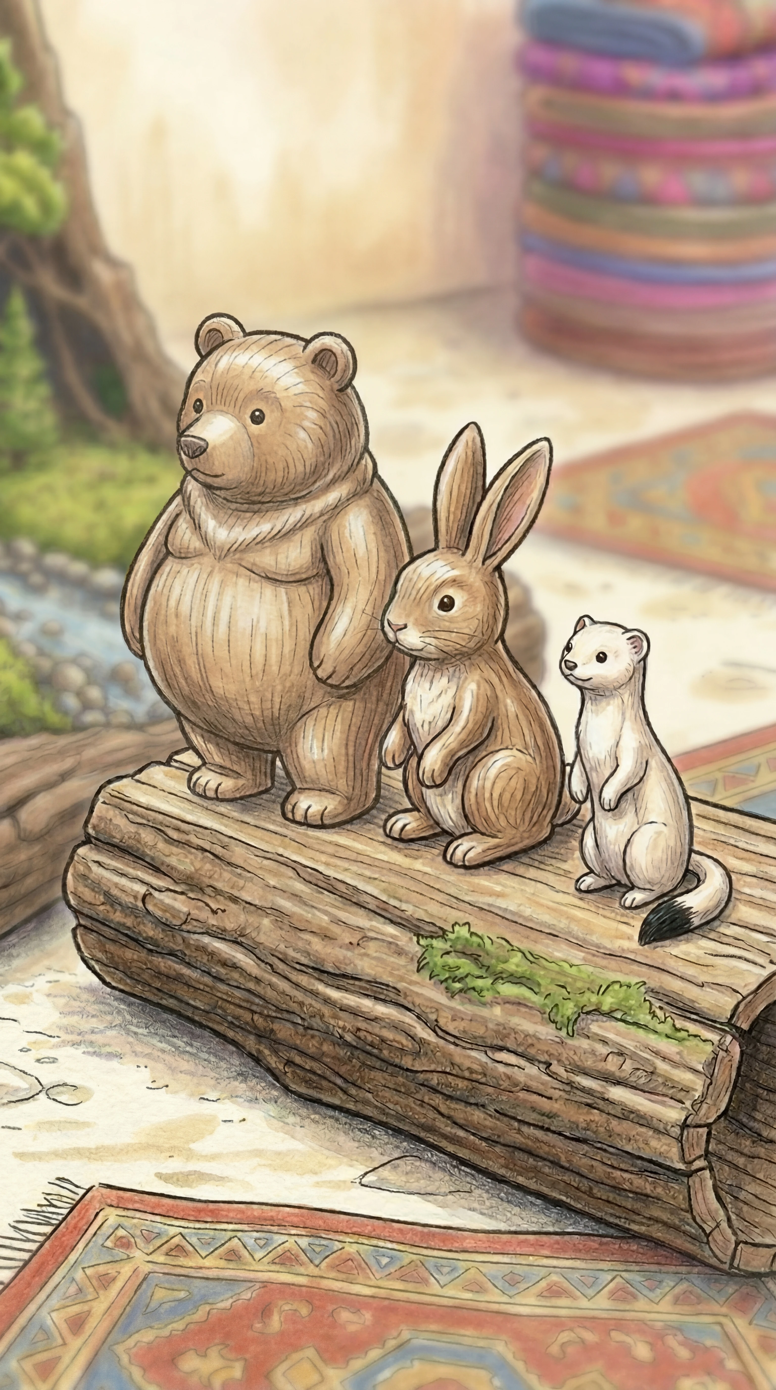 Carved wooden animals lined up on the table: bear, rabbit, and an ermine