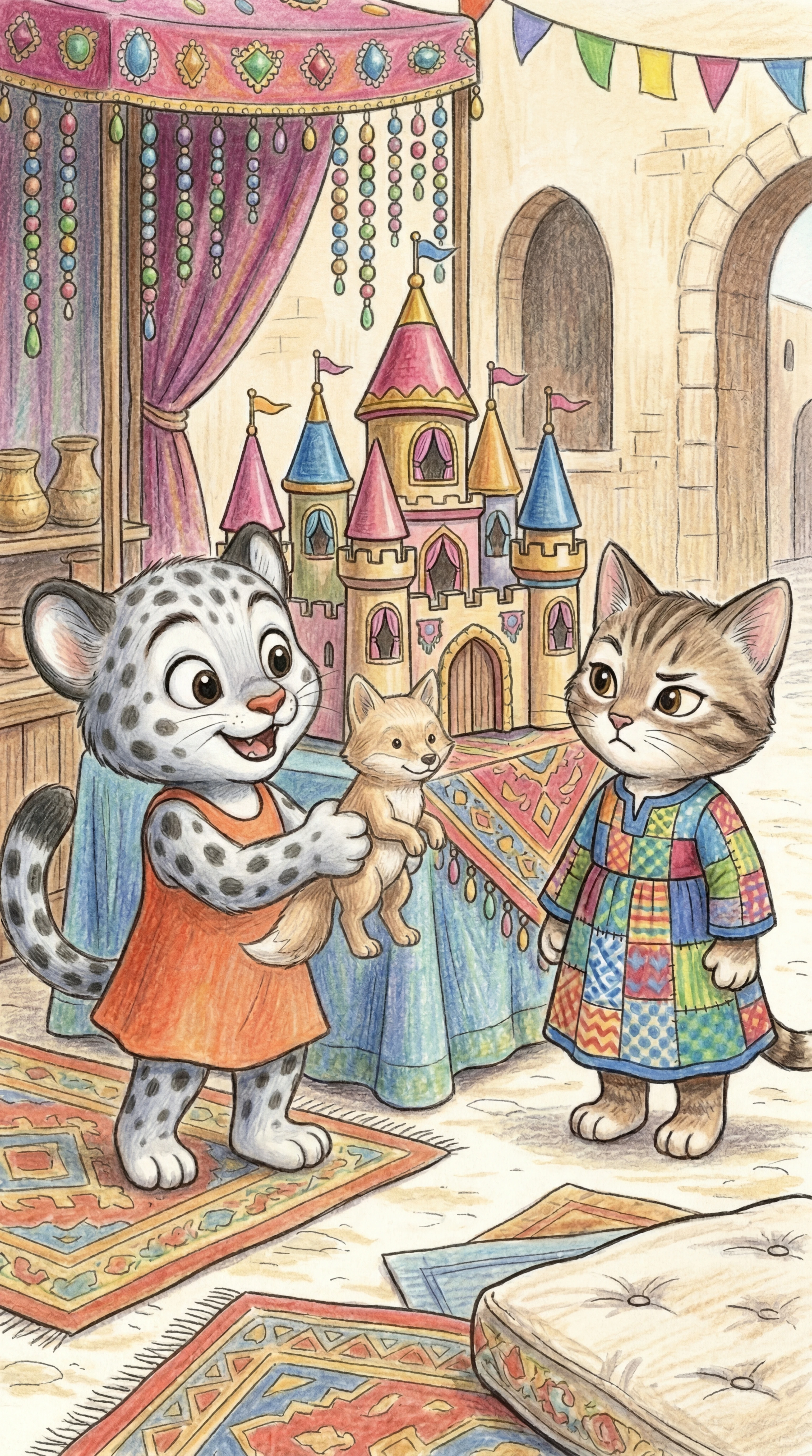 Liska showing Ferdinand to a girl with an enormous dollhouse castle