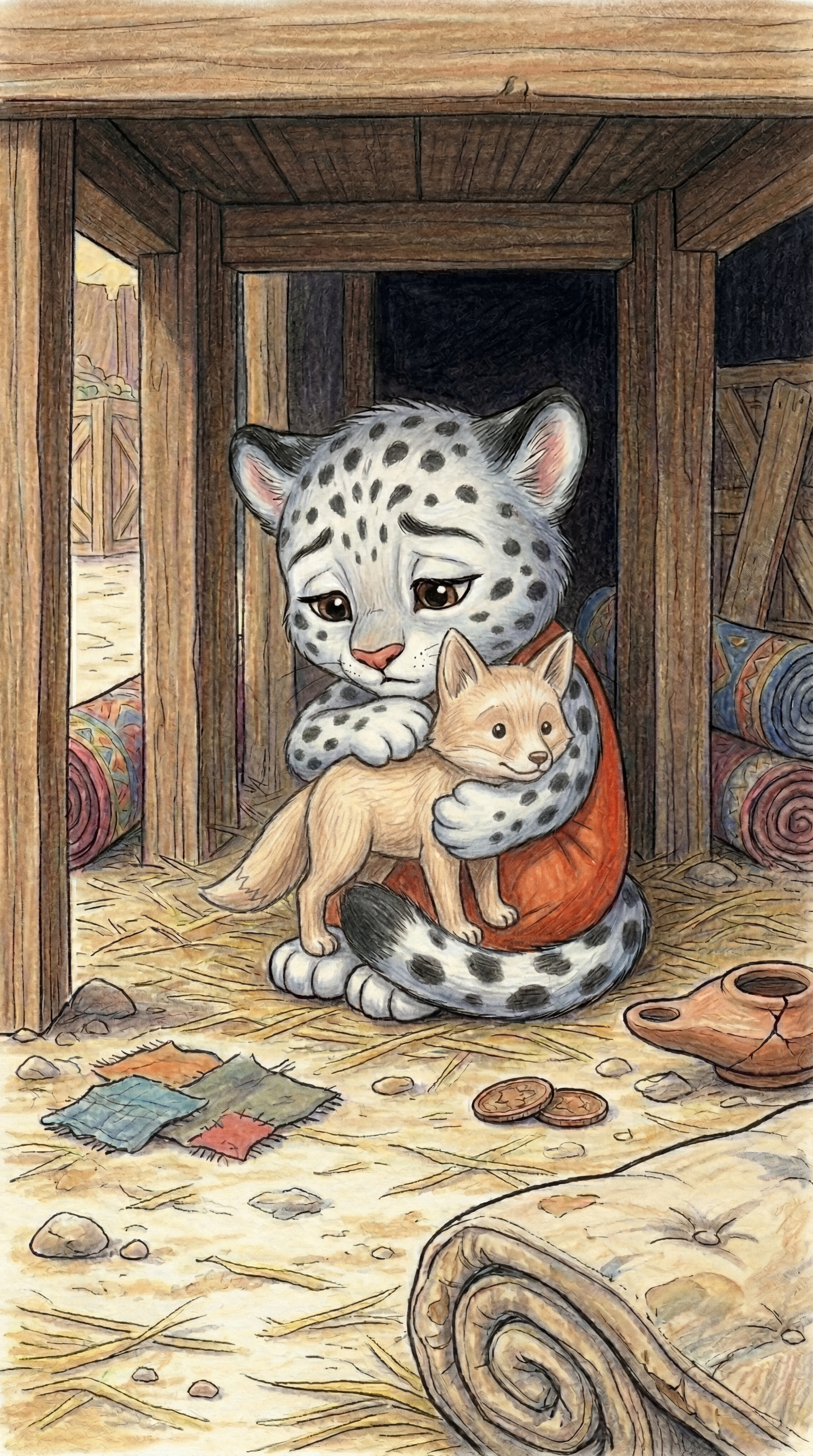 Liska hiding behind her stall, clutching Ferdinand