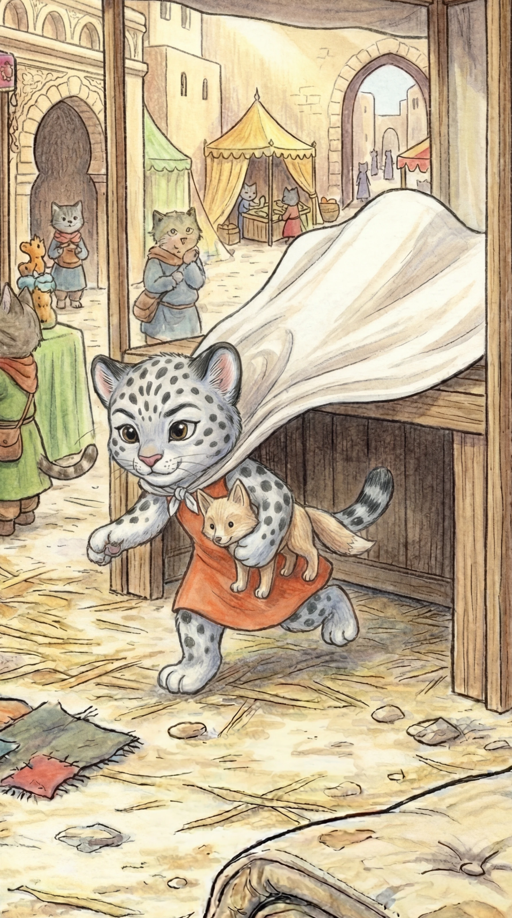 Liska marching into the crowd with the tablecloth trailing like a cape
