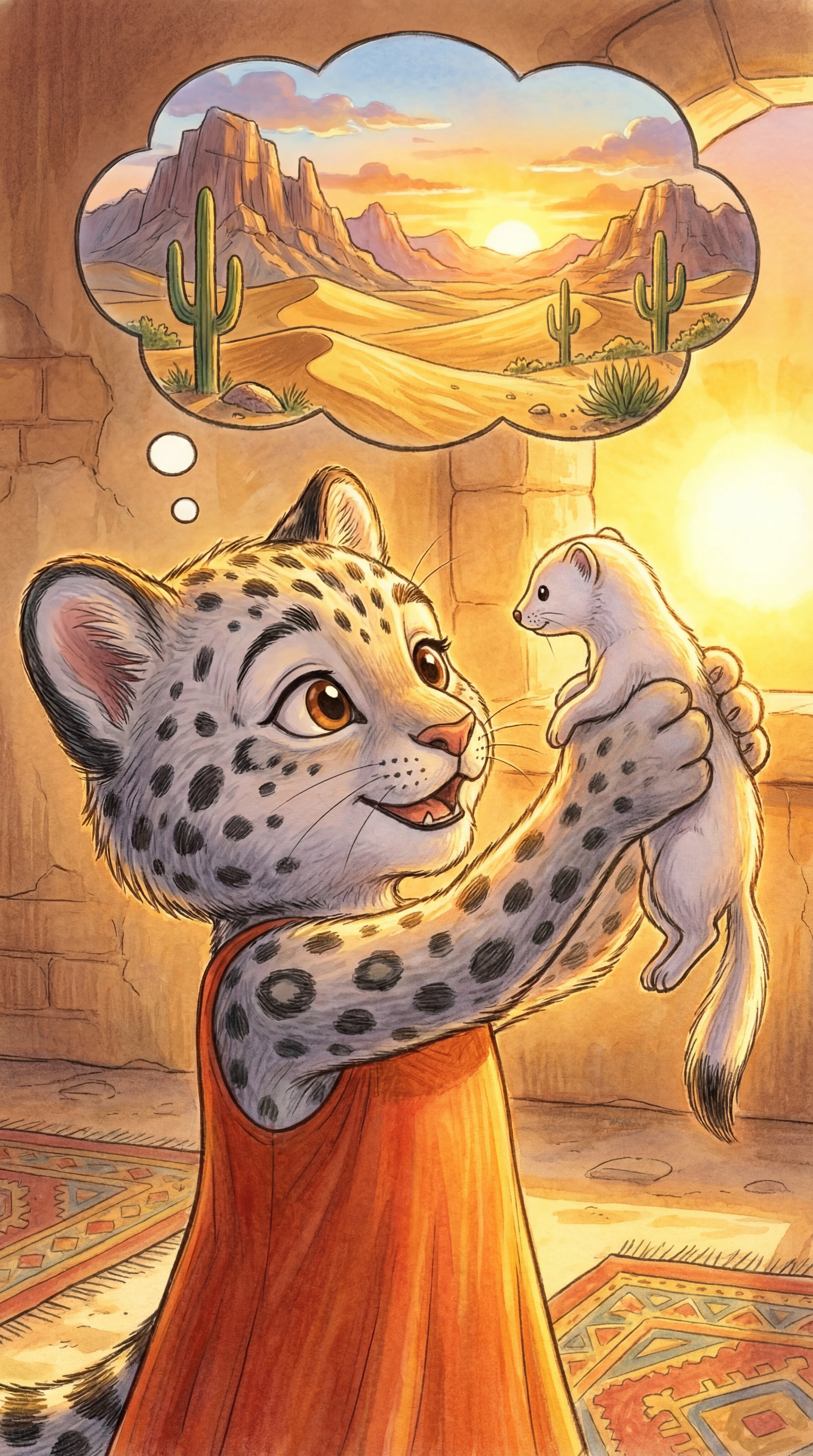 Liska holding the ermine up to the light, naming it