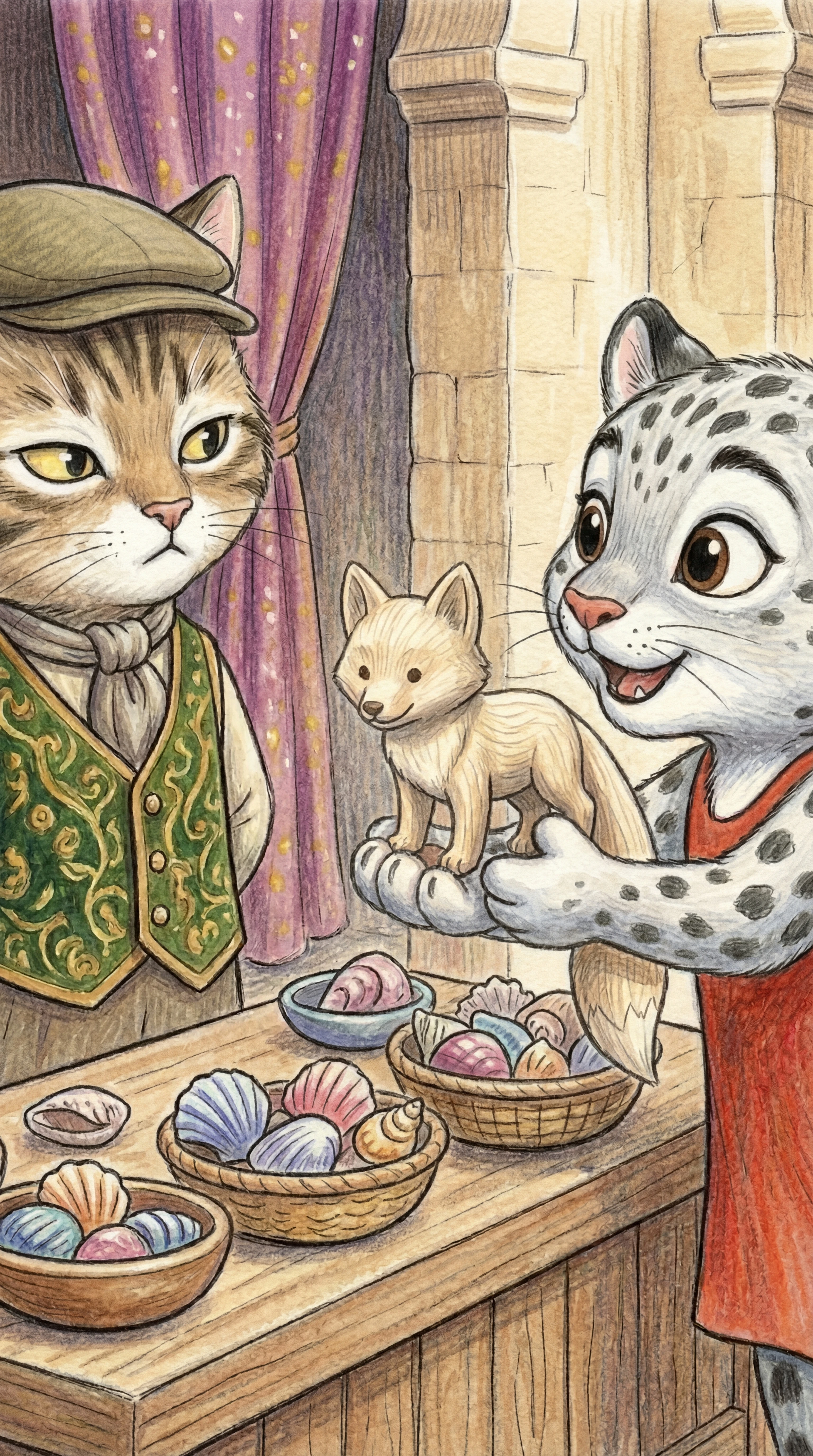 Liska offering Ferdinand to a tabby cat with painted shells