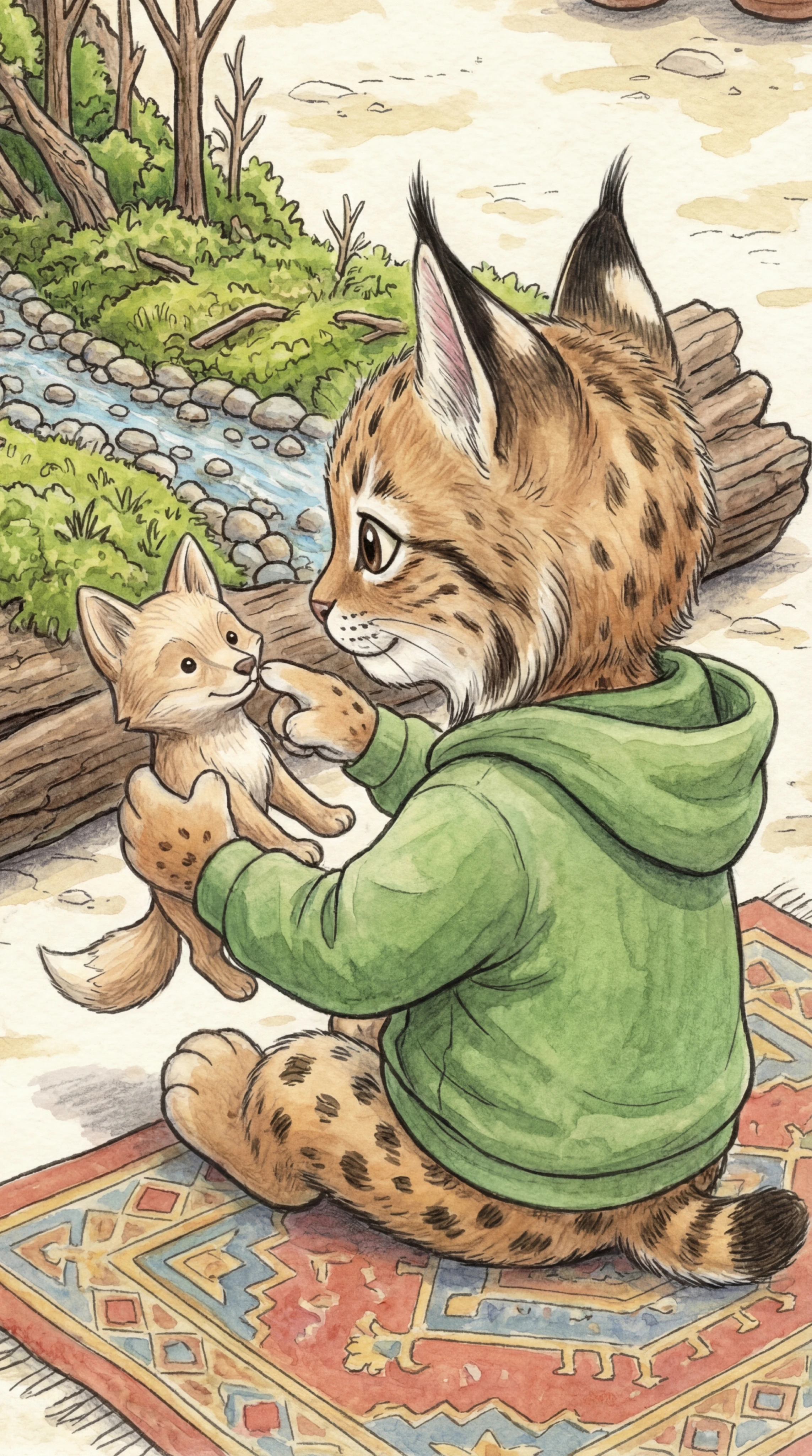 Lynx cub holding Ferdinand carefully, studying him