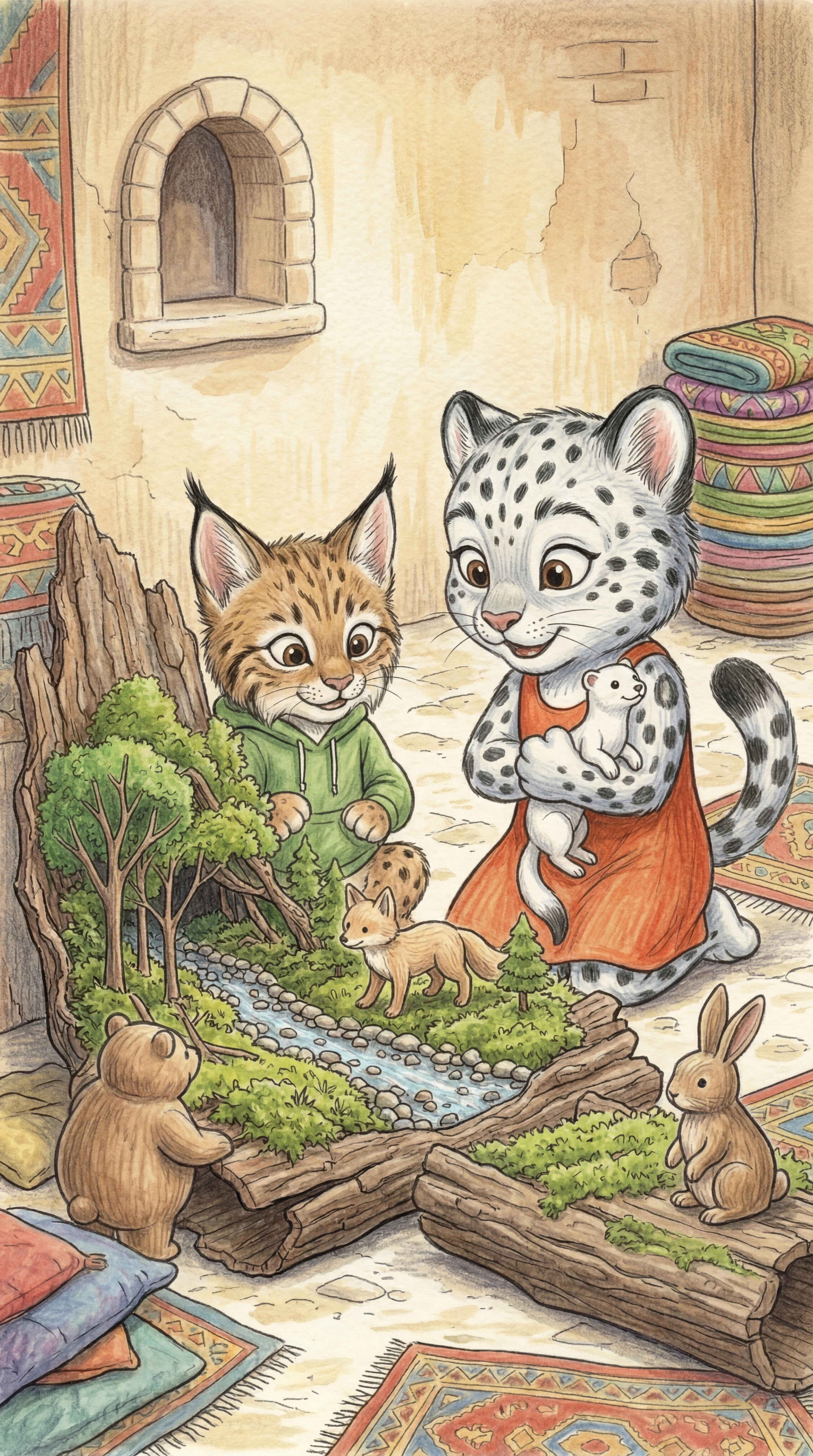 Liska and lynx cub playing with Ferdinand in the bark forest