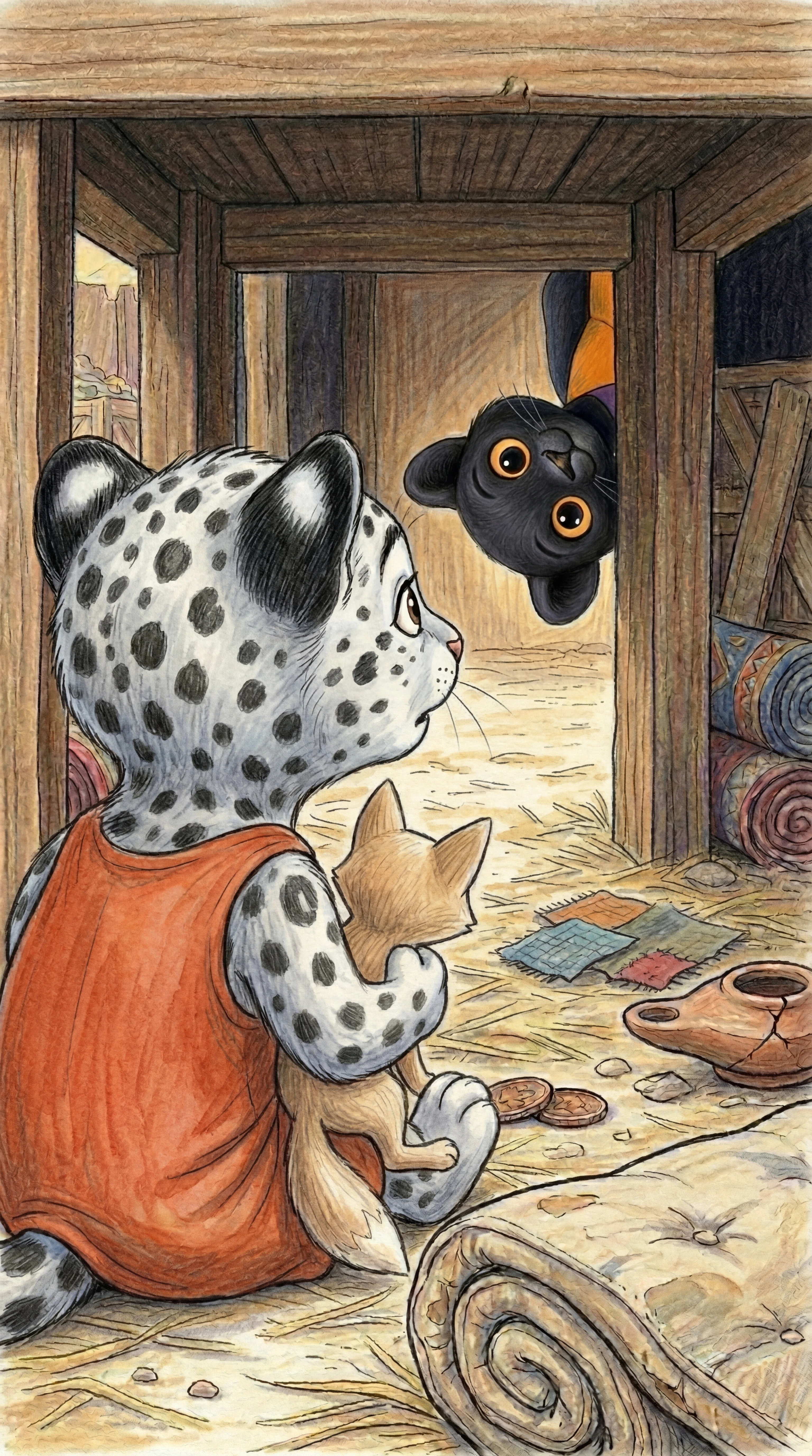 Tahrra's face appearing upside-down over the edge of the stall