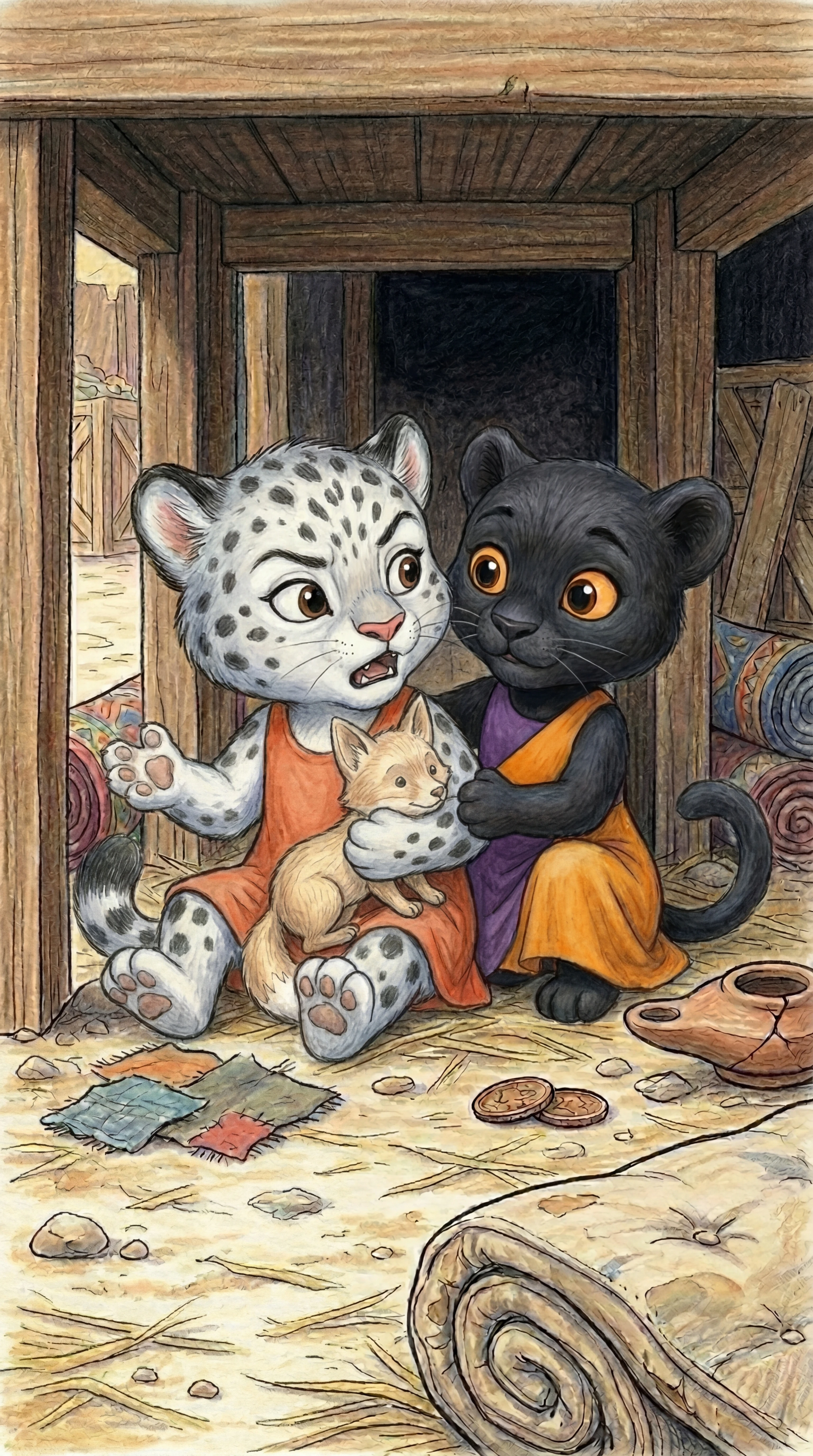 Tahrra hugging Liska under the table
