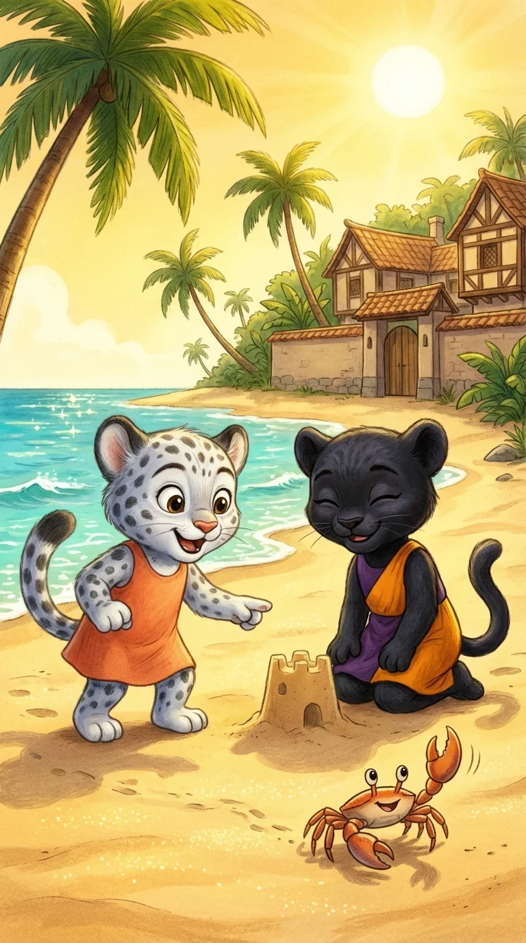 Liska and Tahrra at the beach with a crab