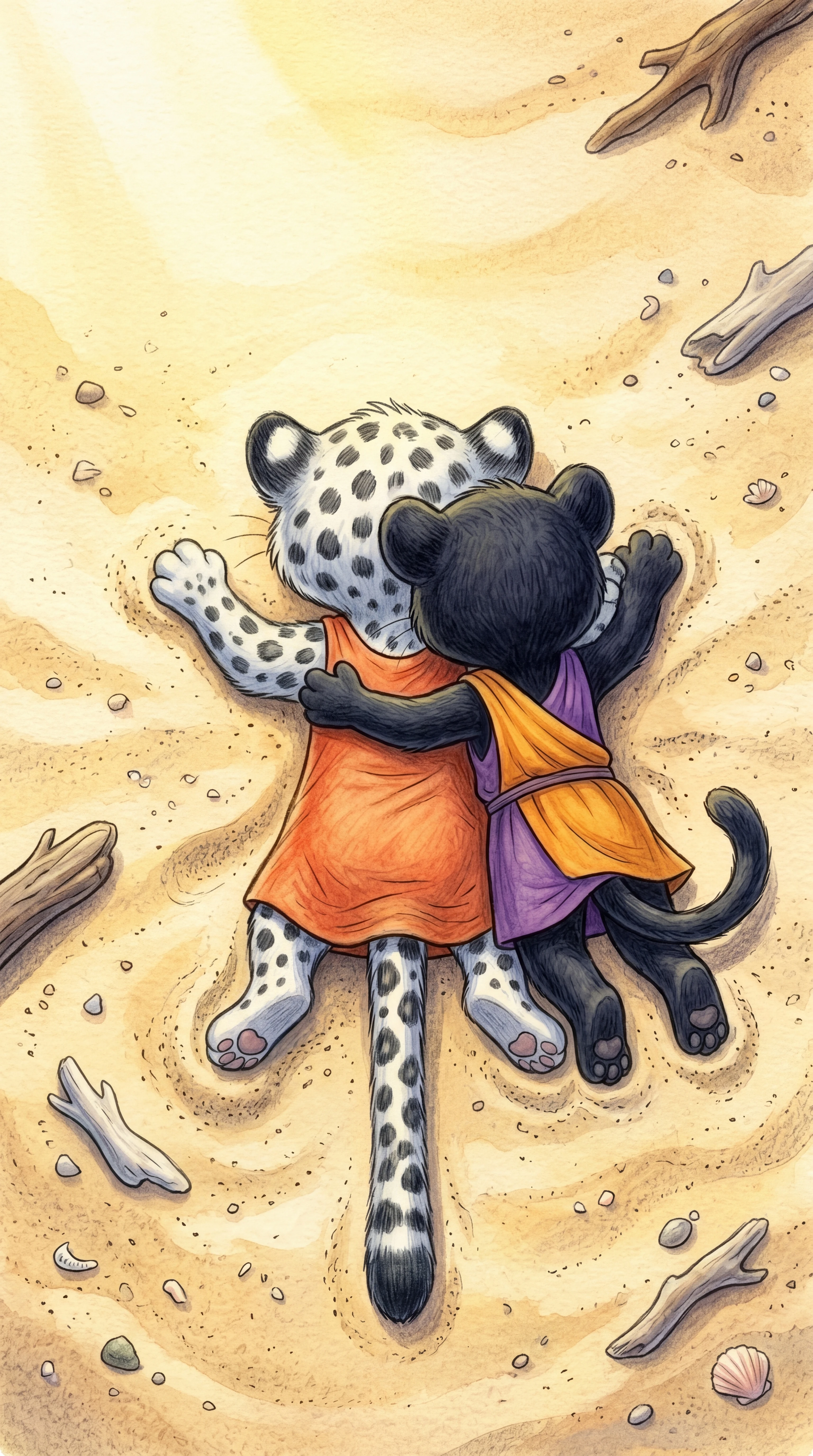 Liska and Tahrra flat on the sand, hugging
